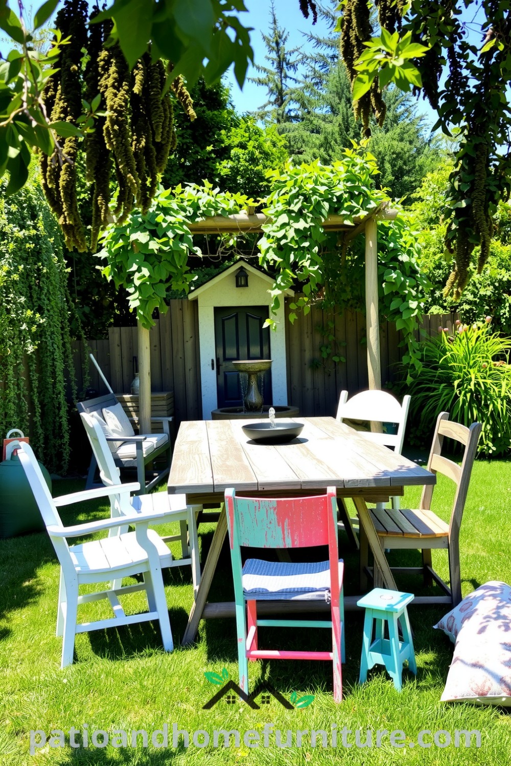 Backyard scene with a weathered picnic table and mismatched colorful chairs, surrounded by lush greenery and climbing vines, enhanced by twinkling string lights, offering cozy ideas and inspiring decor suggestions for your home at fireplacesandwoodstoves.com.