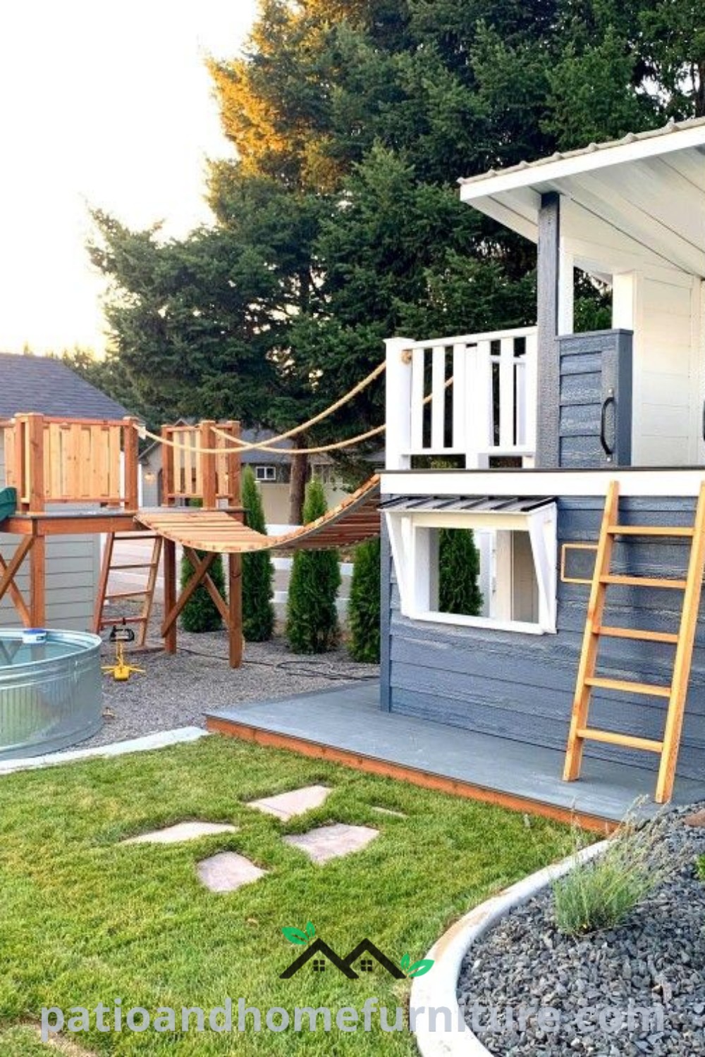 A small house with a slide in the yard, showcasing inspiring decor ideas for a cozy and kid-friendly backyard play area, perfect for creative play and family enjoyment, featured on wellnesswink.com.