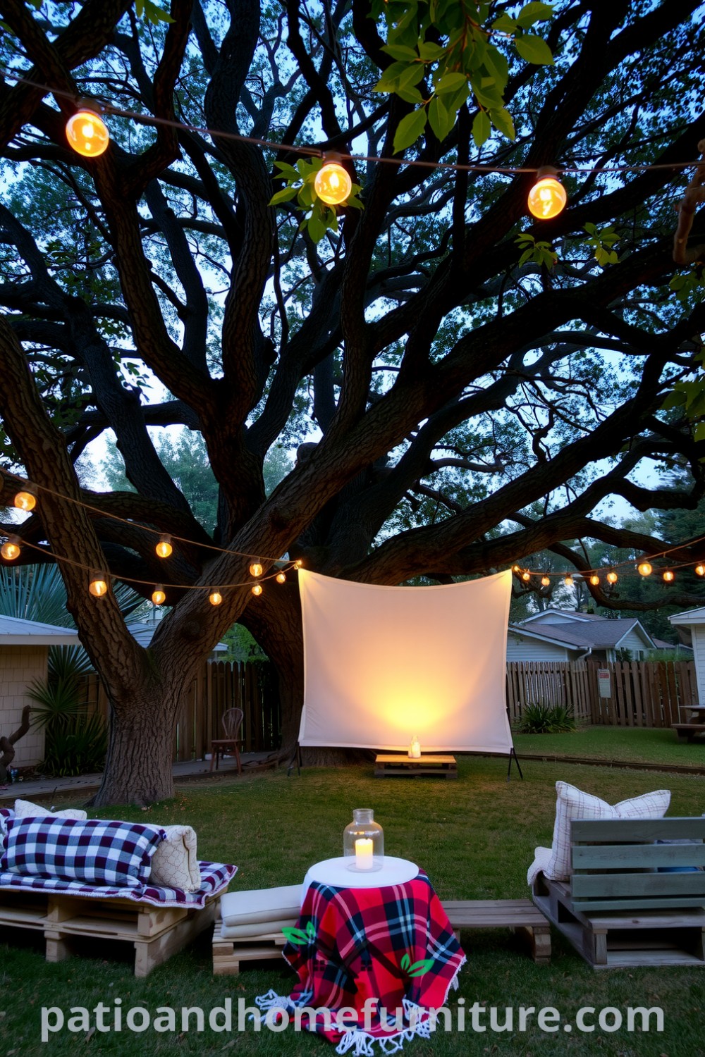 Backyard cinema under an oak tree with a glowing screen, rustic wooden pallet seating with cushions, and twinkling fairy lights creating a cozy atmosphere, offering unique ideas for home decor and outdoor movie nights at fireplacesandwoodstoves.com.