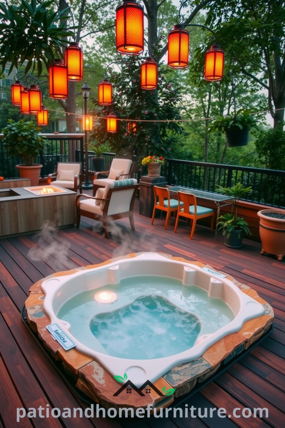 Deck-integrated hot tub on a wooden terrace adorned with natural stone, surrounded by greenery and illuminated by warm lanterns, offering cozy ideas for outdoor relaxation at fireplacesandwoodstoves.com.