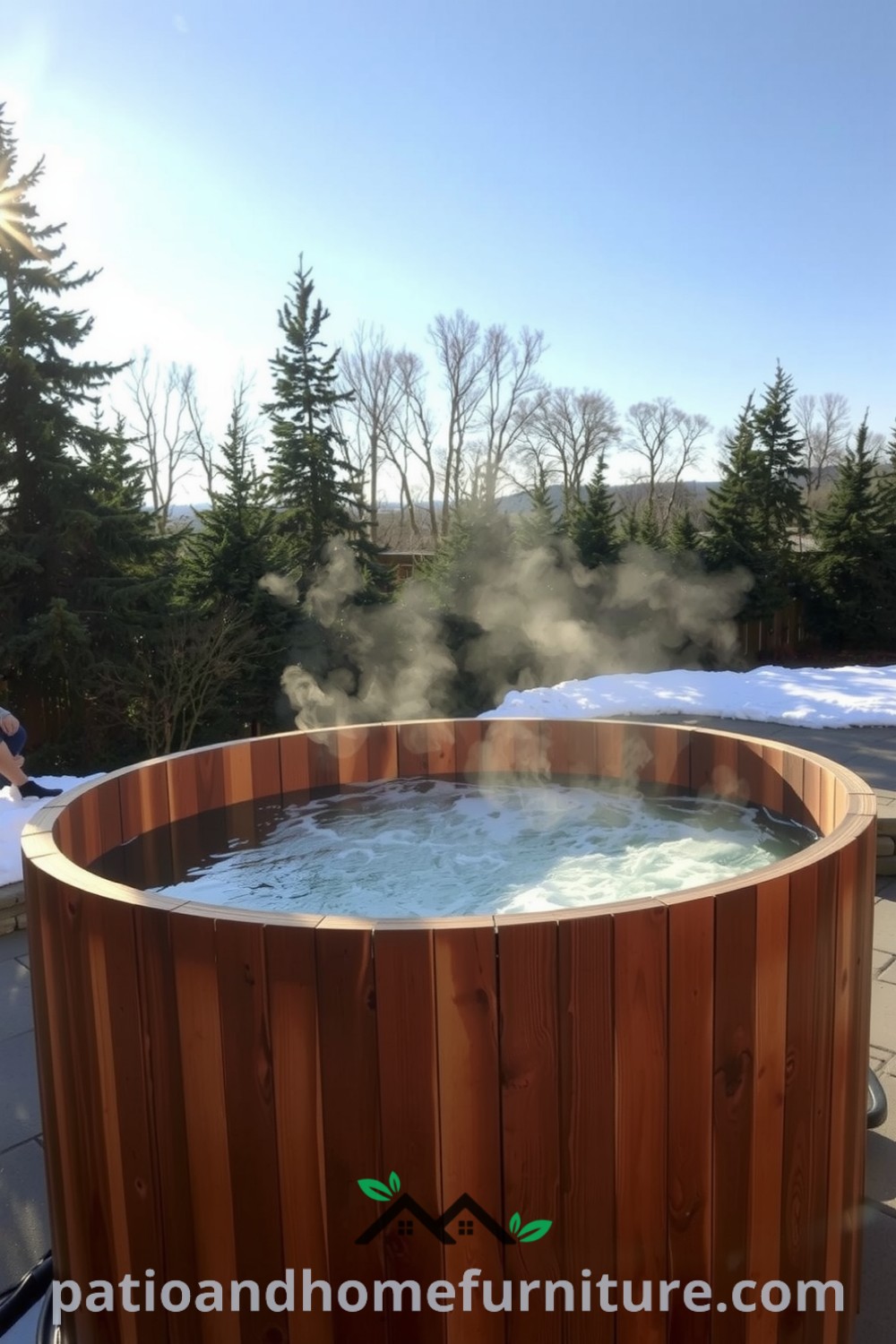 Traditional wooden hot tub on a stone patio surrounded by trees, with steam rising from the water, creating a cozy and rustic atmosphere perfect for relaxation, featured on fireplacesandwoodstoves.com.