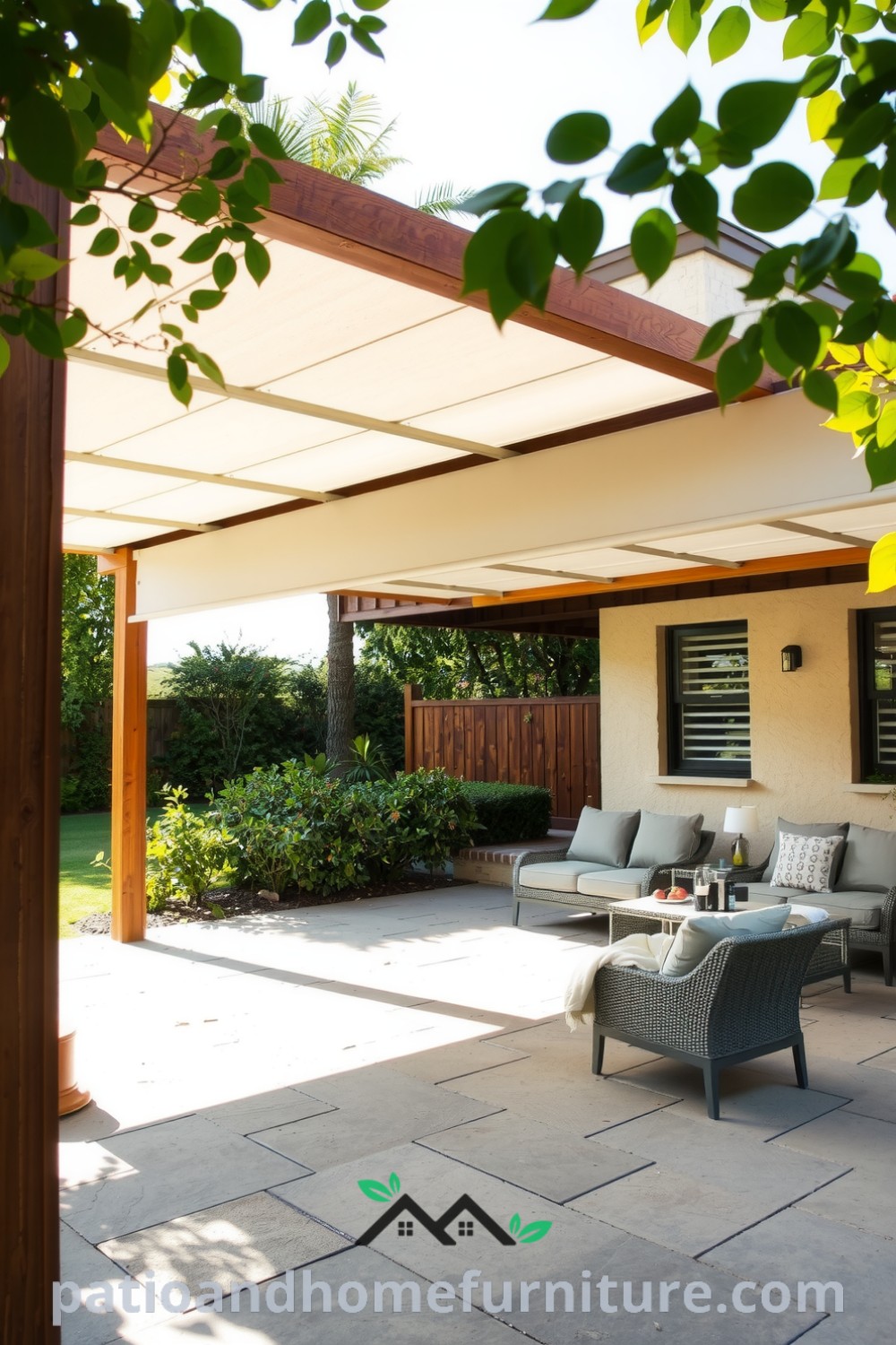 Sleek retractable canopy pergola in a sunlit backyard surrounded by lush greenery and a textured stone patio, offering cozy ideas for outdoor relaxation and gatherings, inspiring decor ideas to enhance your home from fireplacesandwoodstoves.com.