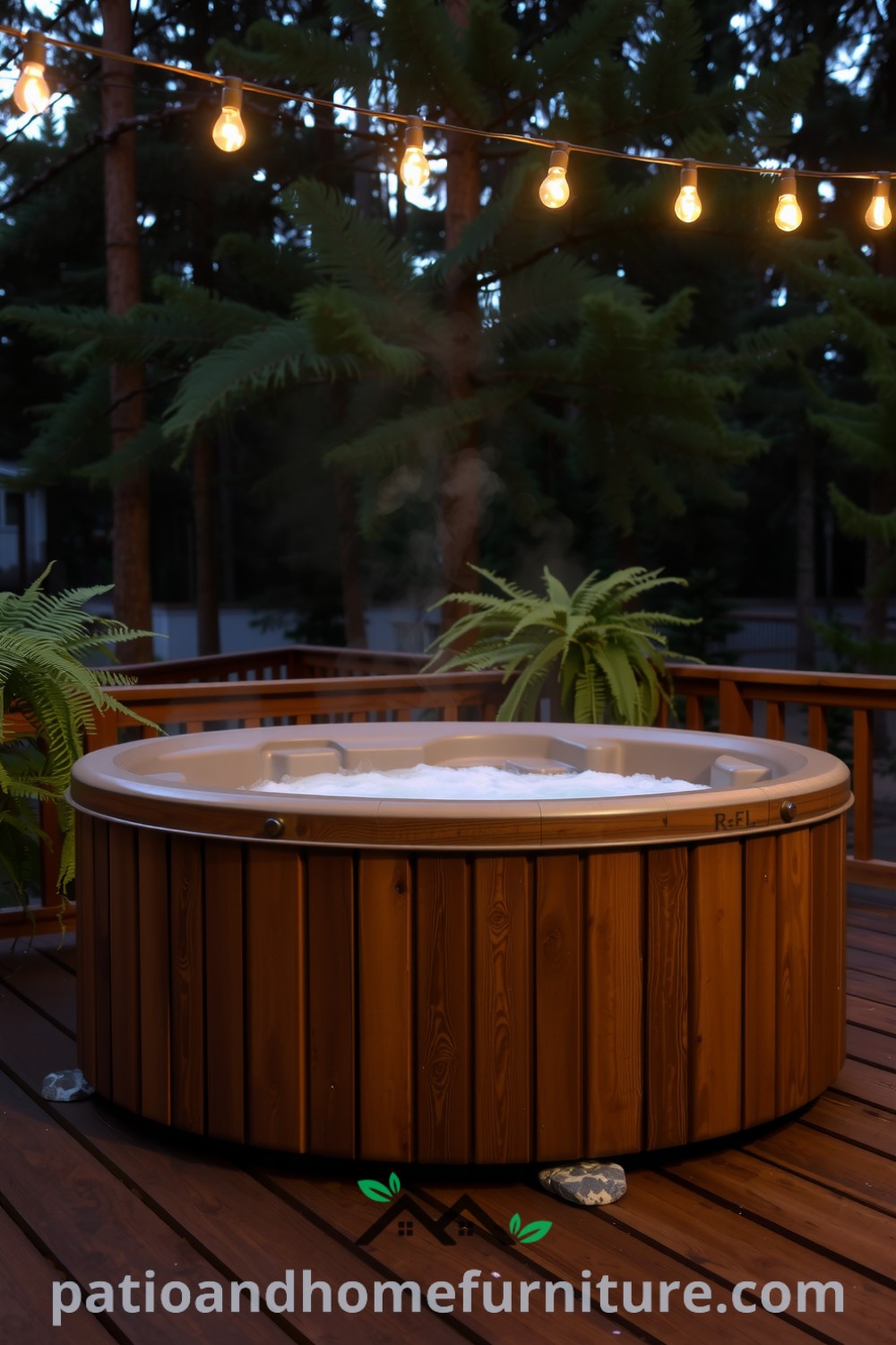 Cozy hot tub on a wooden deck surrounded by tall pines and ferns, with steam rising and string lights illuminating the space, creating a serene hot tub retreat, showcasing unique ideas for your home at fireplacesandwoodstoves.com.