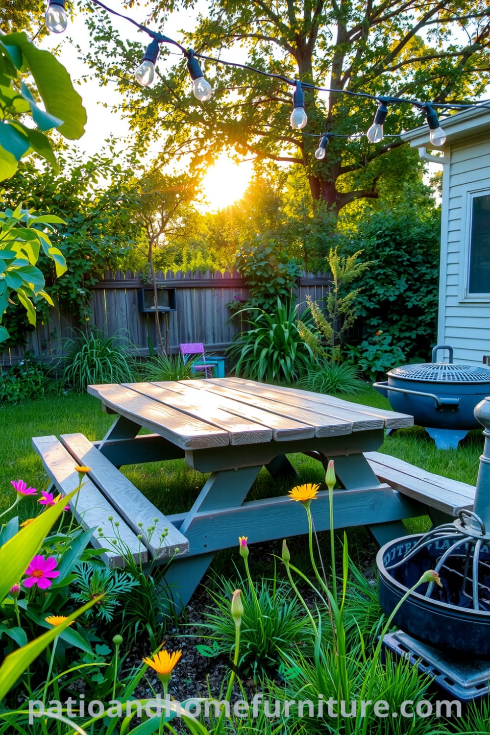 A rustic wooden picnic table surrounded by wildflowers and lush grass in a sunlit backyard, with string lights overhead, a nearby weathered metal fire pit, creating cozy ideas for outdoor decor inspirations for your home at fireplacesandwoodstoves.com.