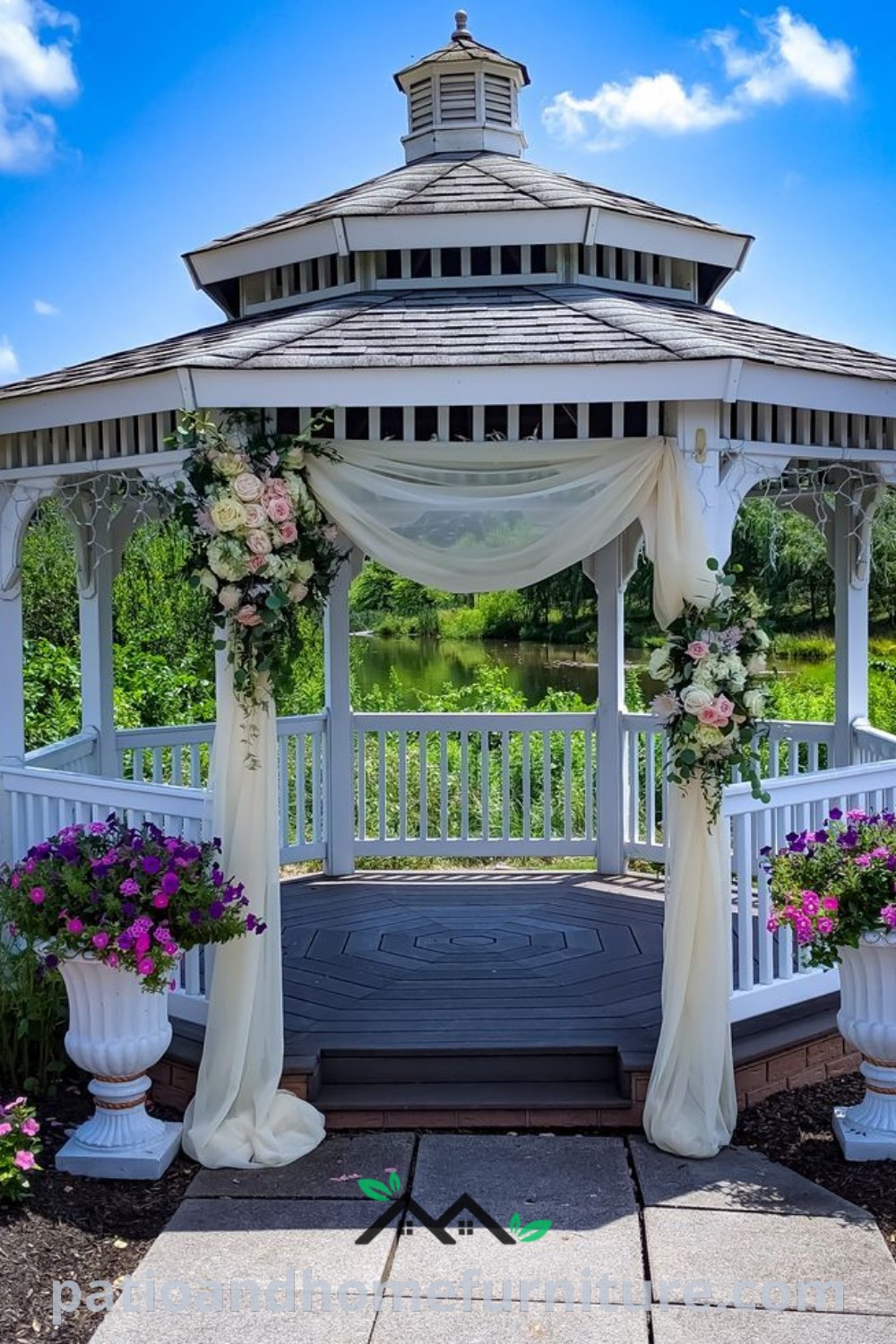 Decorated wedding gazebo adorned with flowers and greenery, creating a romantic atmosphere ideal for outdoor ceremonies, offering cozy ideas and inspiring decor inspirations from wellnesswink.com.
