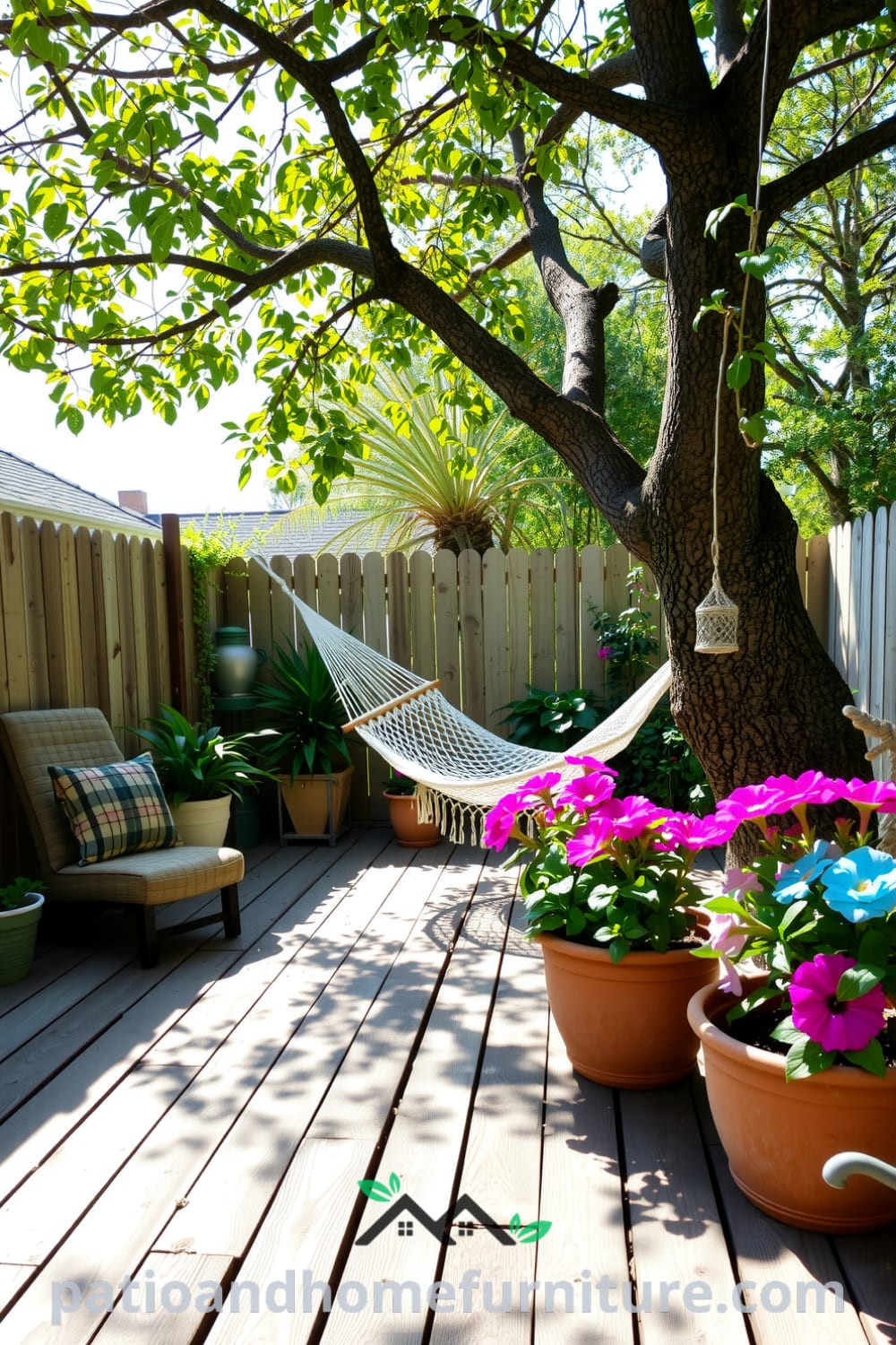 Sun-drenched backyard with a rustic wooden deck, vibrant potted plants, and a gently swaying hammock between trees, creating a cozy home atmosphere perfect for family gatherings, featured at fireplacesandwoodstoves.com.
