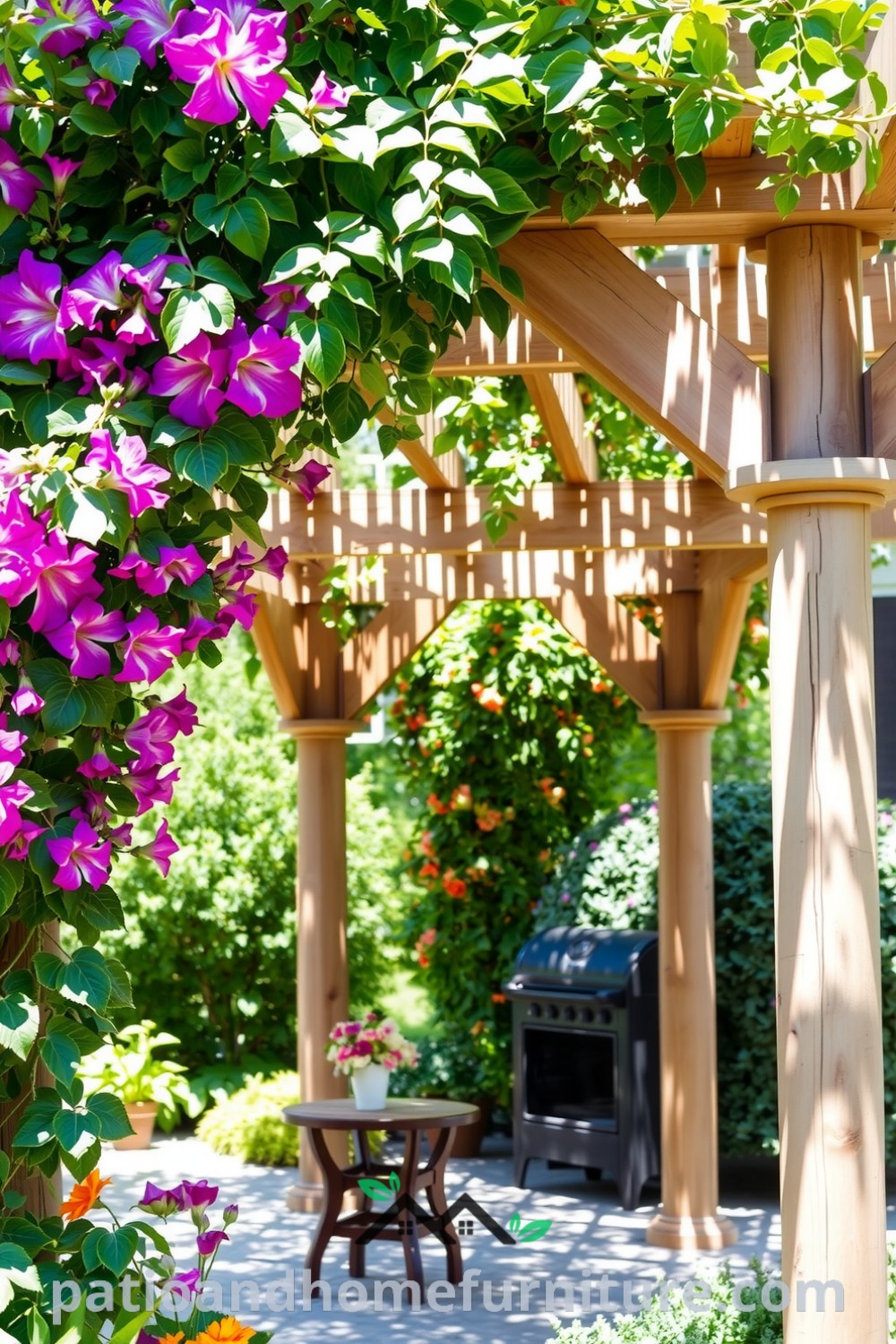Cozy garden pergola with climbing vines and rustic wooden posts, featuring a comfortable seating area underneath, creating a serene and inviting outdoor retreat for enjoying nature, found at fireplacesandwoodstoves.com.
