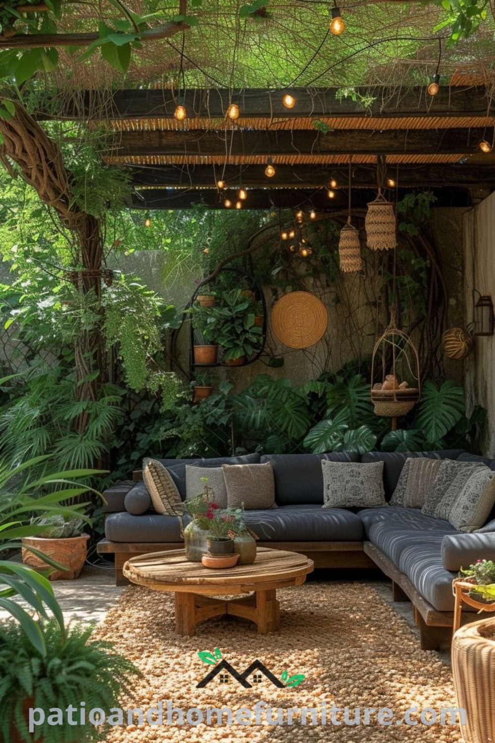 Outdoor living area with cozy couches, stylish tables, and lush potted plants, creating an inviting retreat perfect for relaxation and gatherings, ideal for anyone looking for unique decor ideas for their home, wellnesswink.com.