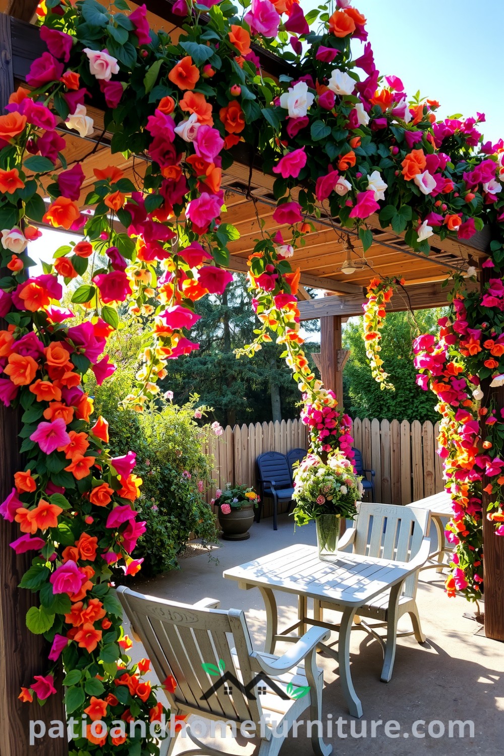 Beautiful backyard floral pergola entwined with colorful climbing vines and dappled sunlight, creating a peaceful and inviting outdoor space; unique ideas for your home from fireplacesandwoodstoves.com.