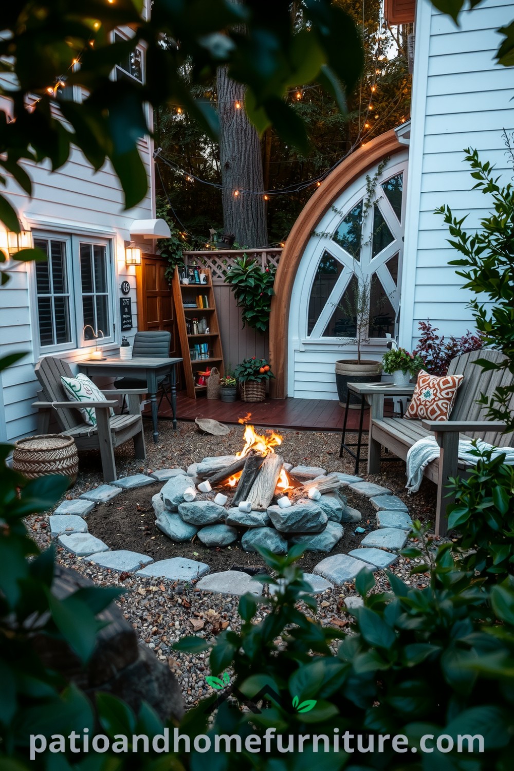 Cozy backyard with weathered wooden furniture, a rustic fire pit surrounded by smooth stones, and twinkling fairy lights creating a warm atmosphere for gatherings, showcasing inspiring decor ideas for your home on fireplacesandwoodstoves.com.