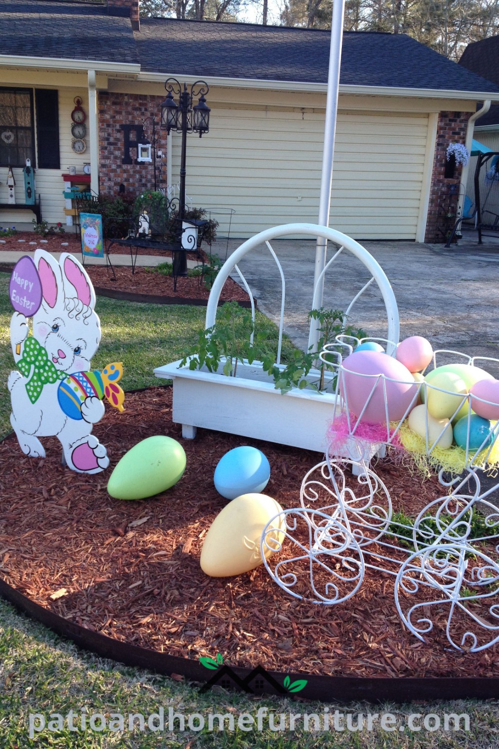 A charming display of Easter outdoor decorations including colorful balloons and festive wreaths in front of a house, perfect for spring and Easter celebrations, showcasing inspiring decor ideas for a cozy home at wellnesswink.com.