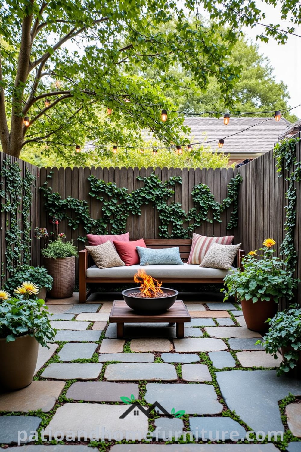 Cozy backyard patio with rustic wooden fencing, climbing vines, a stone paved path, cozy seating area with mismatched cushions, fire pit, and twinkling string lights, offering inspiring decor ideas for your home at fireplacesandwoodstoves.com.