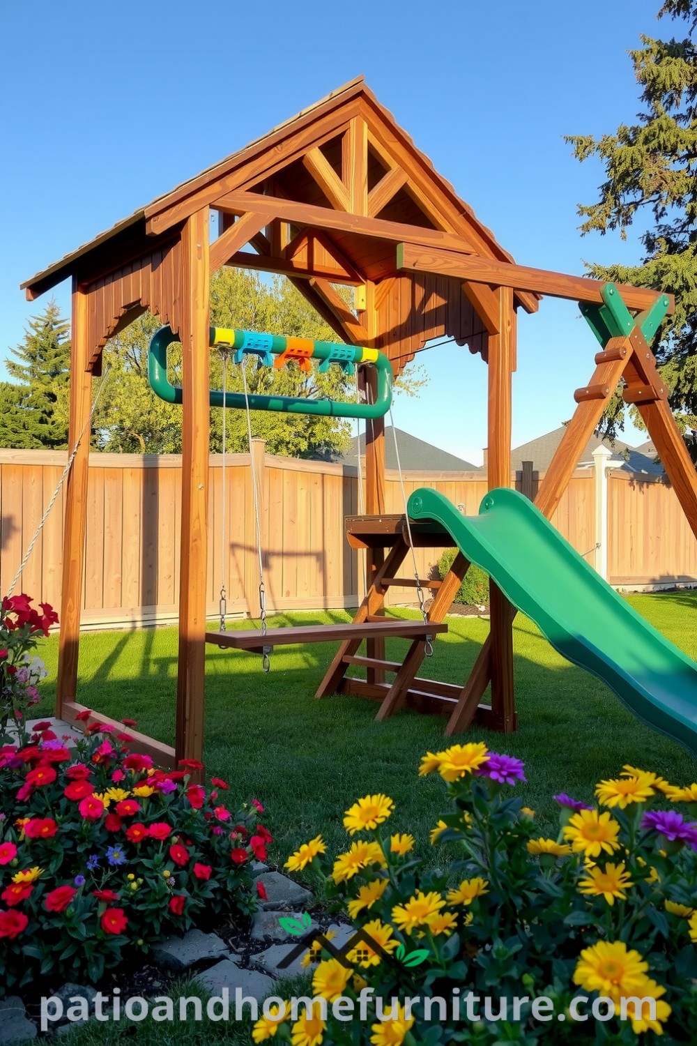 Classic wooden playset in a sunlit backyard with colorful flower beds, inviting children to play and explore, creating a cozy and cheerful outdoor setting, featured at fireplacesandwoodstoves.com.