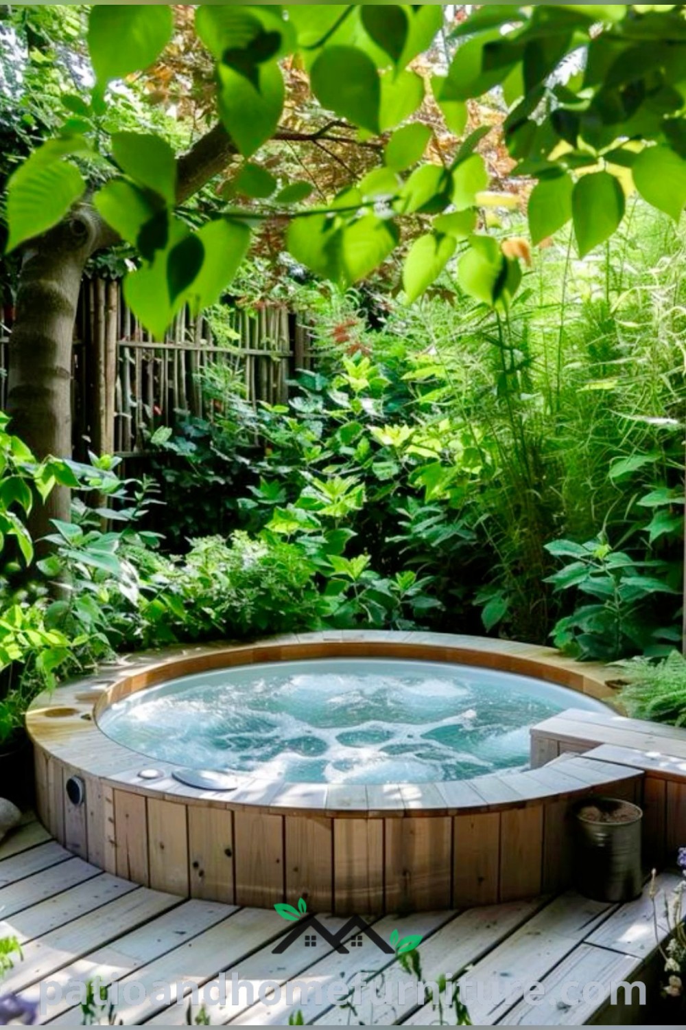 Outdoor hot tub on a wooden deck surrounded by trees and bushes, showcasing cozy design ideas and a tranquil backyard oasis, perfect for relaxation and enhancing the ambiance of your home, as featured on wellnesswink.com.