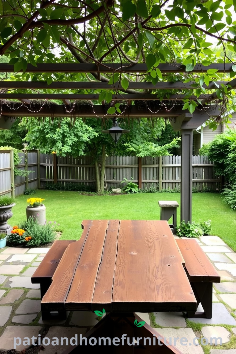 Secluded backyard with a flagstone patio, vibrant wildflowers, and a rustic wooden table beneath a fairy-light draped pergola, creating a cozy outdoor space ideal for family gatherings, featuring design ideas from fireplacesandwoodstoves.com.