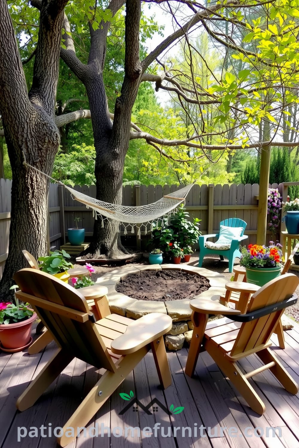 Backyard retreat featuring a rustic wooden deck with potted herbs and colorful blooms, a hammock between trees, and a cozy stone fire pit surrounded by mismatched chairs, showcasing inspiring decor ideas for your home at fireplacesandwoodstoves.com.