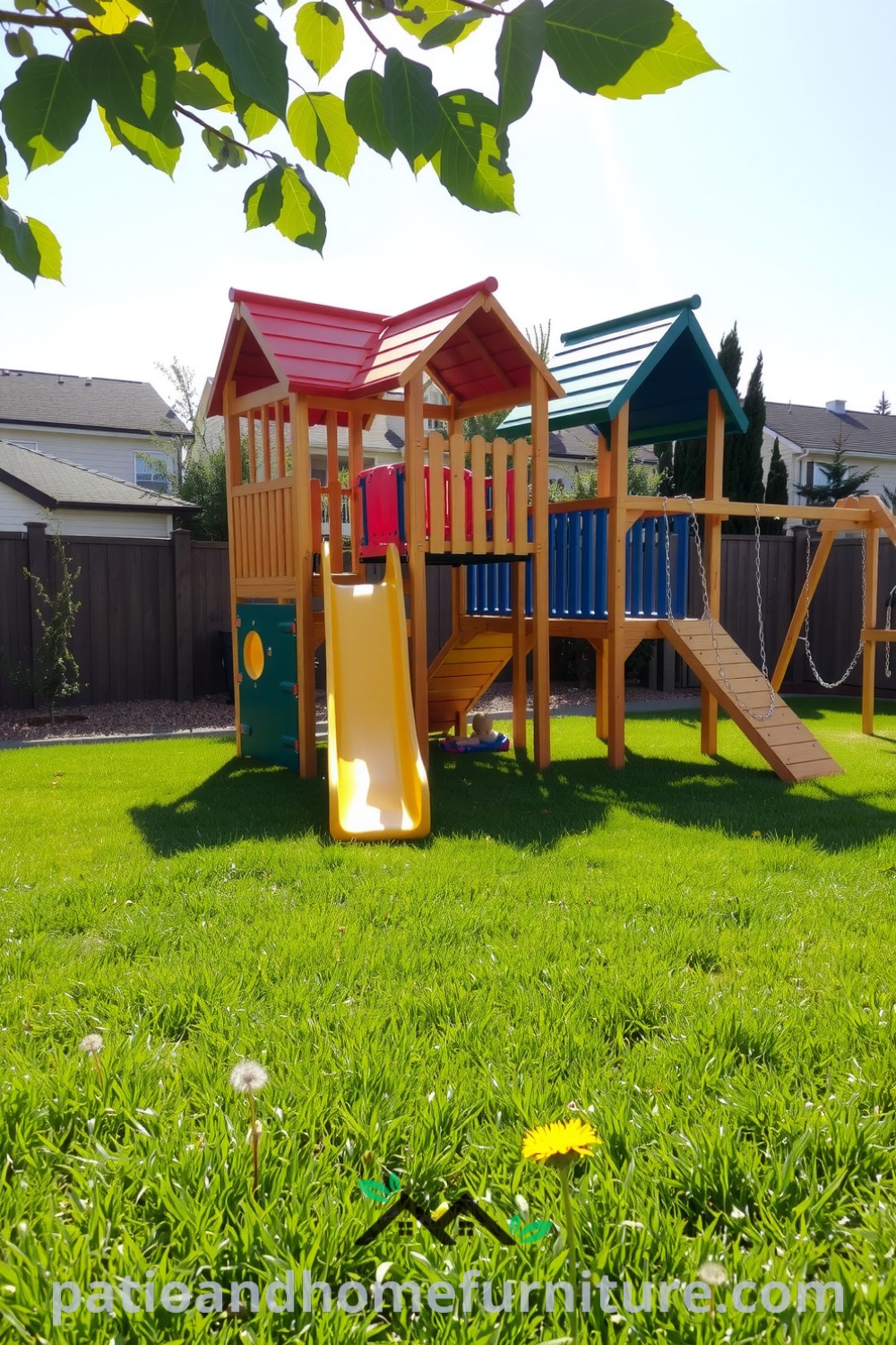 Backyard play center with colorful slides, climbing structures, and swings surrounded by lush grass and dandelions, creating a joyful atmosphere for children, offering cozy home decor ideas, inspiring designs for outdoor play, visit fireplacesandwoodstoves.com.
