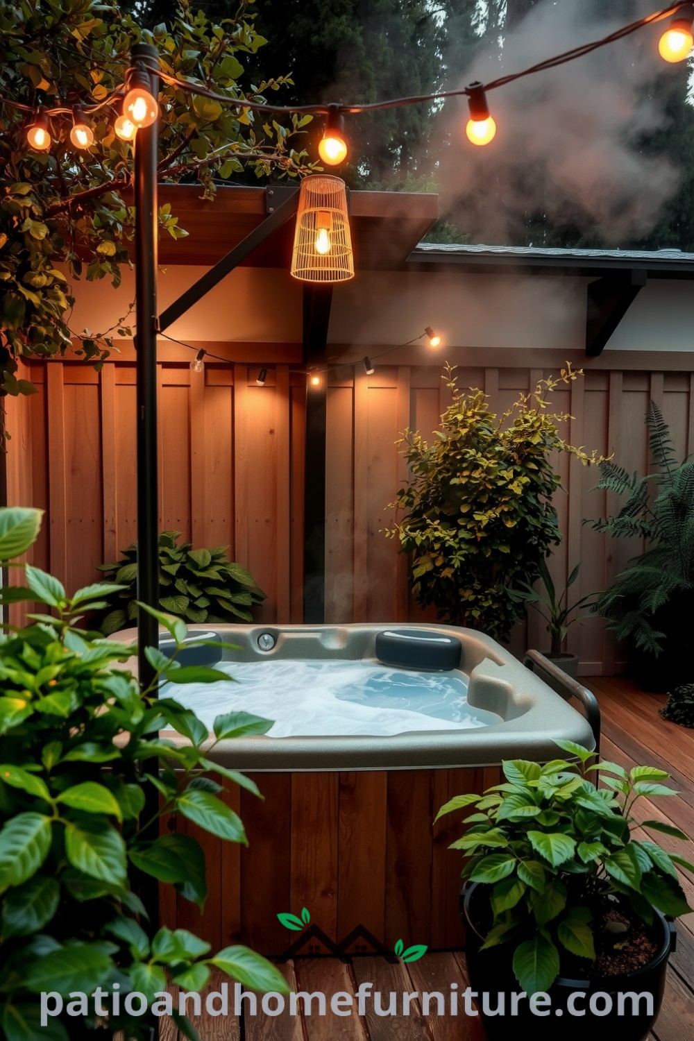 Cozy backyard hot tub surrounded by a rustic wooden deck, string lights, and lush greenery, creating an inviting retreat for relaxation and inspiration. Visit fireplacesandwoodstoves.com for decor ideas and unique design inspirations for your home.