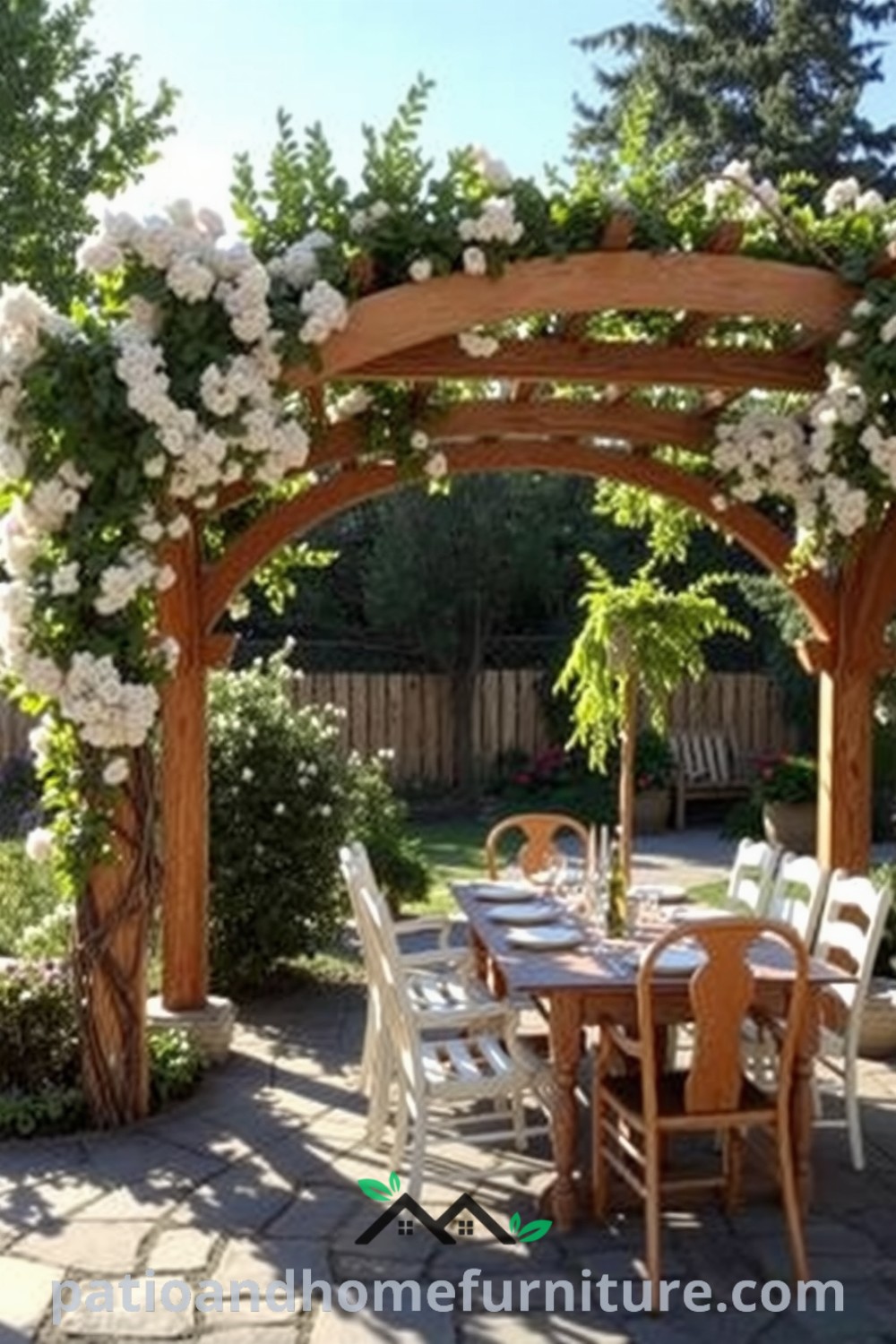 Beautiful arched pergola adorned with climbing vines and blossoms, featuring a rustic wooden table set for outdoor dining amidst a serene garden atmosphere, showcasing unique decor ideas and inspirations for a cozy home setting. Visit fireplacesandwoodstoves.com for more design ideas.