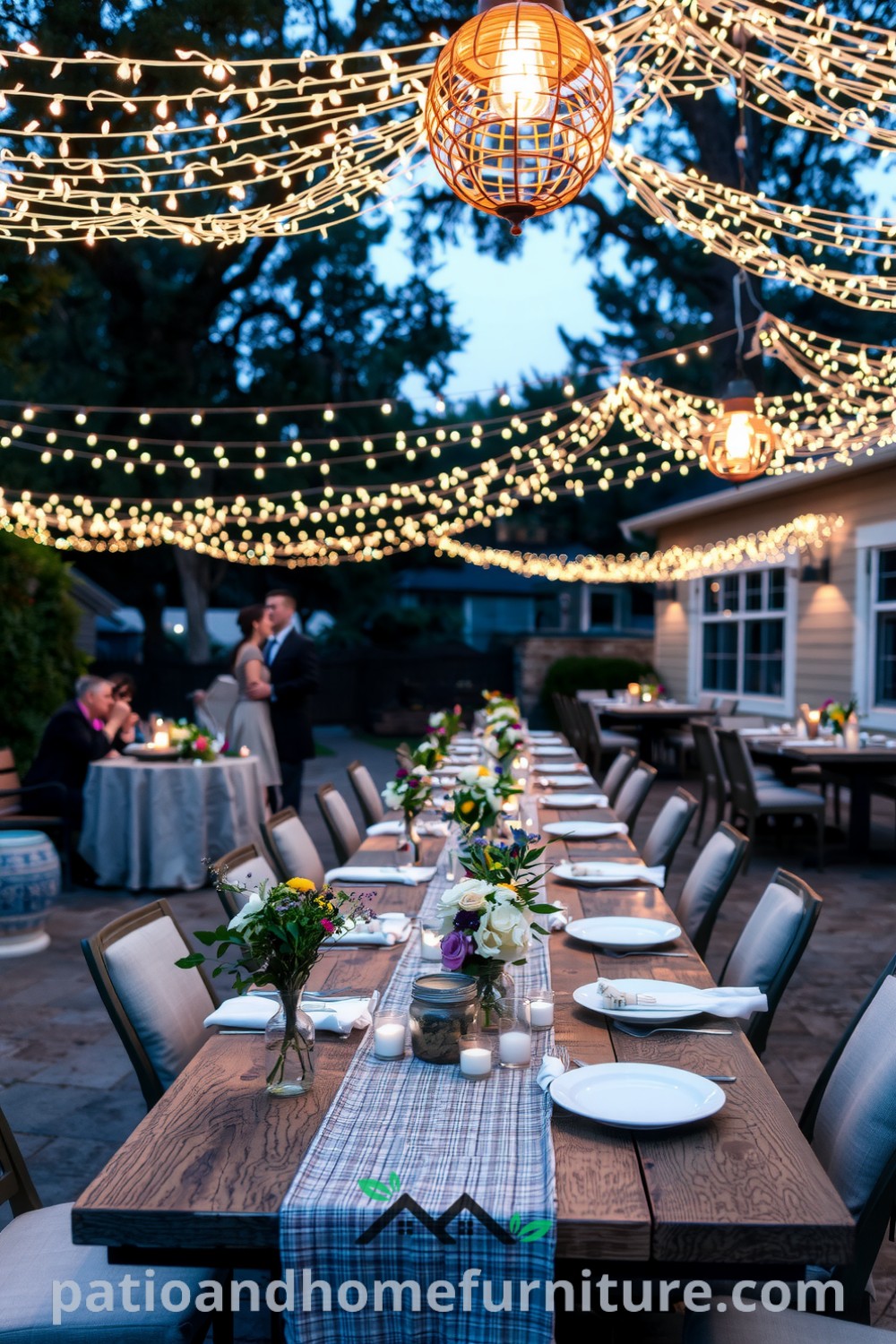Cozy outdoor dinner party under twinkling fairy lights with rustic tables and wildflower centerpieces, creating an inviting atmosphere filled with laughter and appealing grilled aromas. Visit fireplacesandwoodstoves.com for unique decor ideas and inspirations.