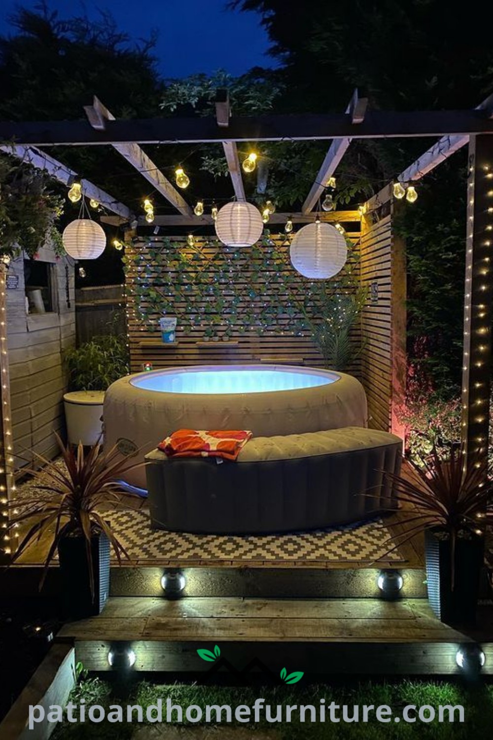 Outdoor hot tub illuminated at night with surrounding lights, nestled in a cozy setting, featuring a pergola for privacy, showcasing unique ideas and inspirations for a cozy home on wellnesswink.com.