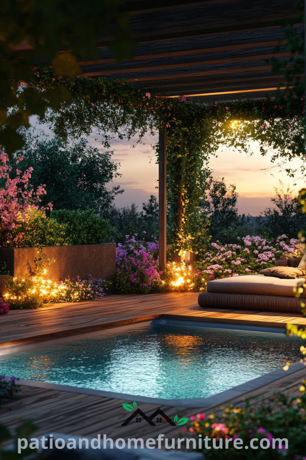 Tranquil above ground pool oasis with a wooden deck and cozy seating from patioandhomefurniture.com, featuring lush greenery, a serene atmosphere, and affordable pool ideas backyard.