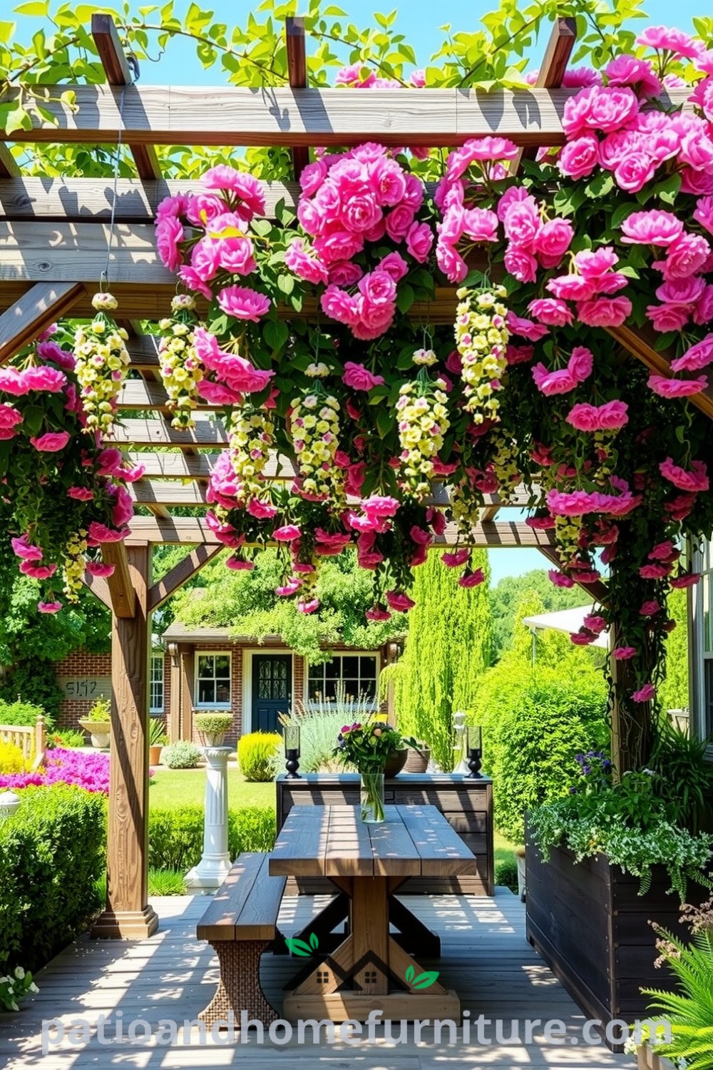 Floral wooden pergola in a vibrant garden adorned with climbing vines and colorful blossoms, creating a cozy outdoor dining area perfect for gatherings, featuring rustic decor ideas from fireplacesandwoodstoves.com.