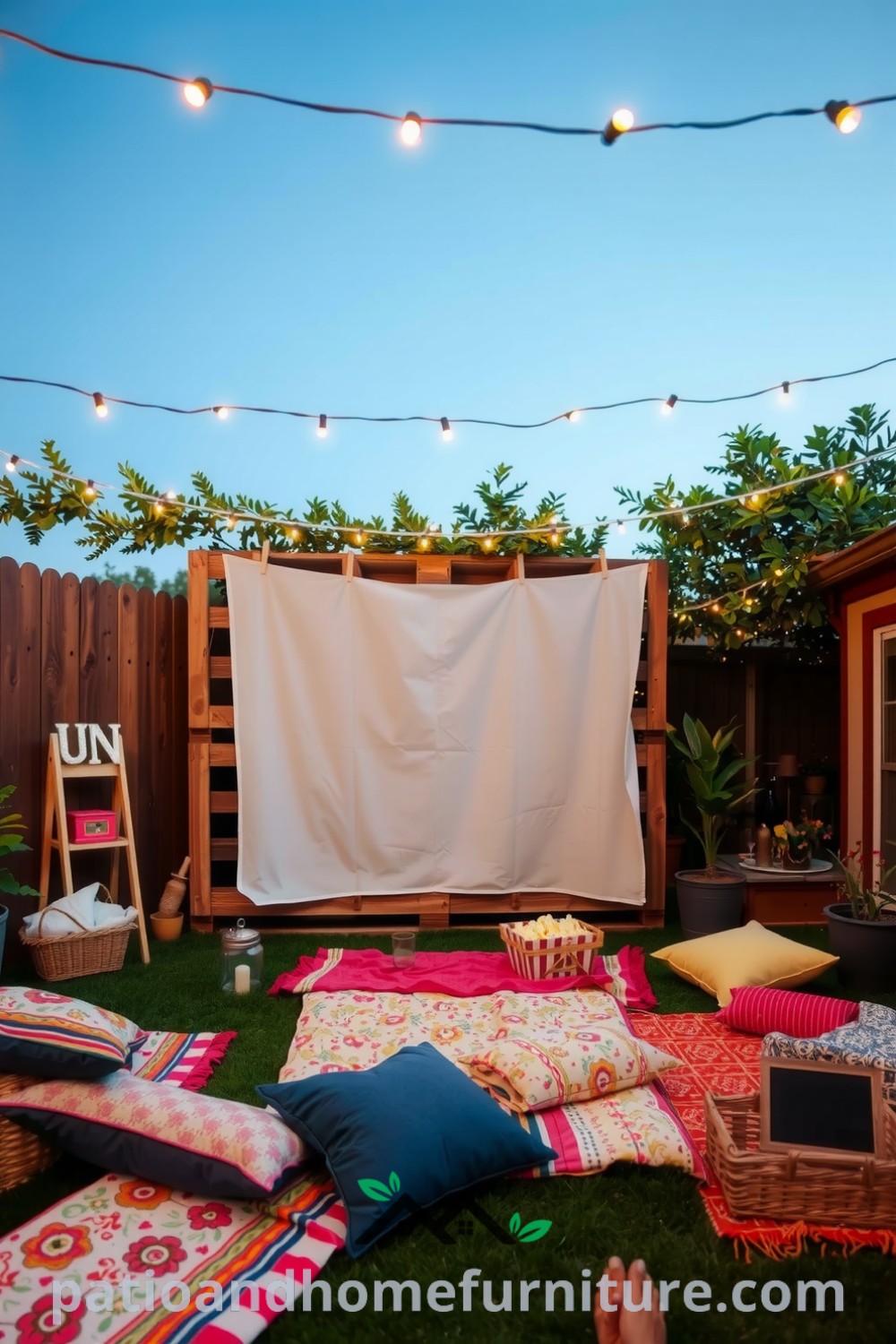 Cozy backyard cinema scene featuring a rustic wooden pallet screen with a white sheet, surrounded by plush cushions and blankets, all under twinkling fairy lights, creating a charming atmosphere for an enjoyable movie night, showcasing inspiring design ideas for a cozy home at fireplacesandwoodstoves.com.