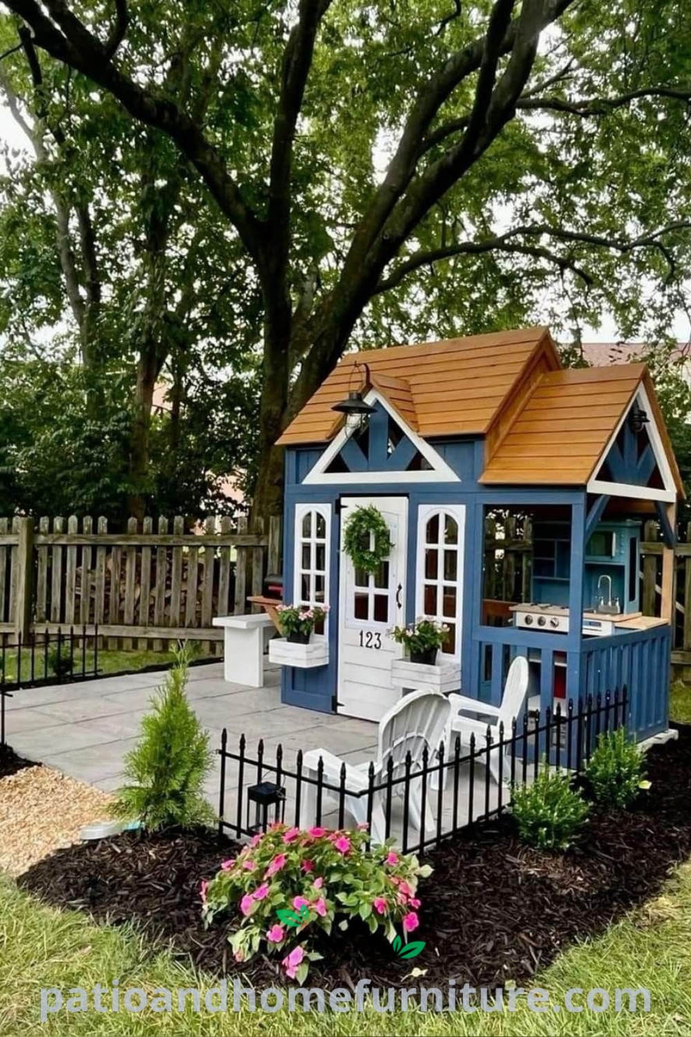 Cozy backyard playhouse designed with vibrant colors and charming decor, providing a whimsical play area for kids, emphasizing unique ideas for backyard playgrounds, featured on wellnesswink.com.