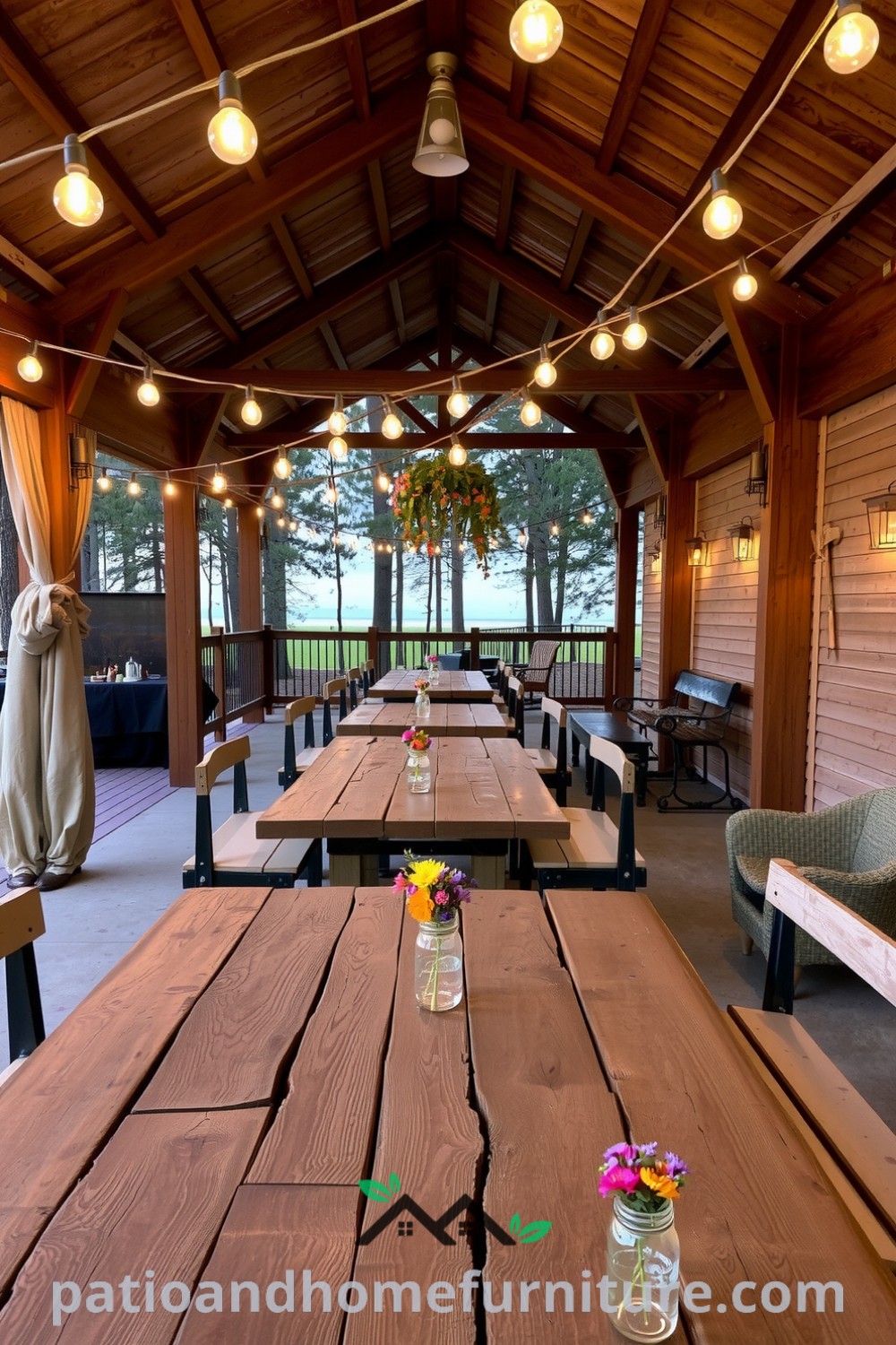 Outdoor dining area featuring rustic wooden tables with wildflower centerpieces in mason jars, illuminated by string lights overhead, creating a cozy and inviting atmosphere for gatherings, ideal for special occasions, featured at fireplacesandwoodstoves.com.