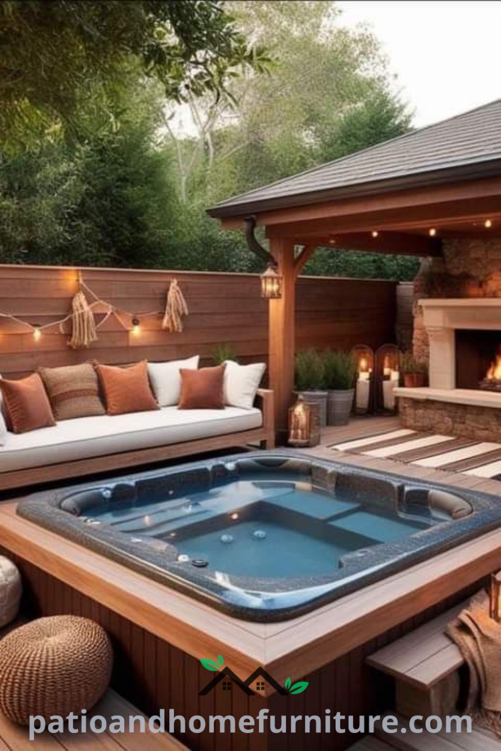 A cozy hot tub on a wooden deck beside a fireplace and patio furniture, creating an inviting outdoor retreat, perfect for relaxation and entertainment, with a warm and serene atmosphere, featured on wellnesswink.com.