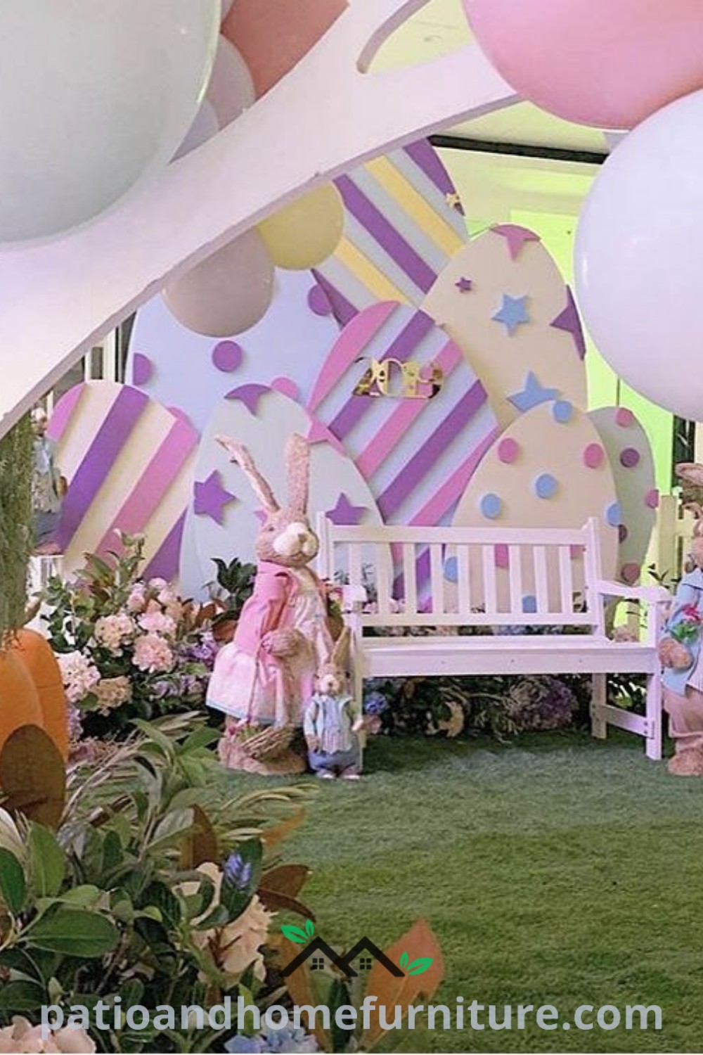 Two rabbits sitting on a park bench beneath floating white and pink balloons, creating a cozy and inviting Easter scene, perfect for festive photo backdrops and inspiring decor ideas on wellnesswink.com.