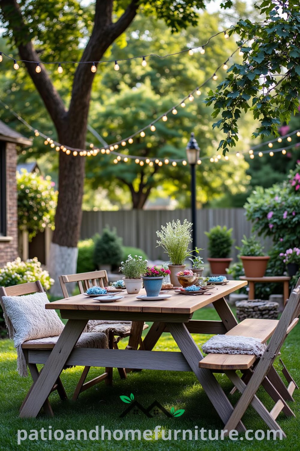 A cozy backyard featuring a rustic wooden picnic table, mismatched chairs, and twinkling fairy lights among trees, complemented by colorful potted herbs and flowers, creating an inviting space for summer gatherings, perfect for decor inspirations and cozy home ideas. Visit fireplacesandwoodstoves.com for more unique ideas.