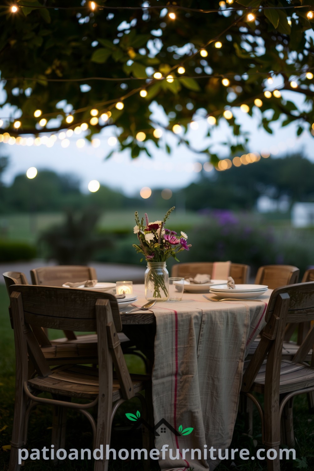 Romantic outdoor dining setup with fairy lights, a rustic wooden table, weathered chairs, and wildflowers in a glass jar, creating an inviting atmosphere; discover cozy ideas for your home at fireplacesandwoodstoves.com.
