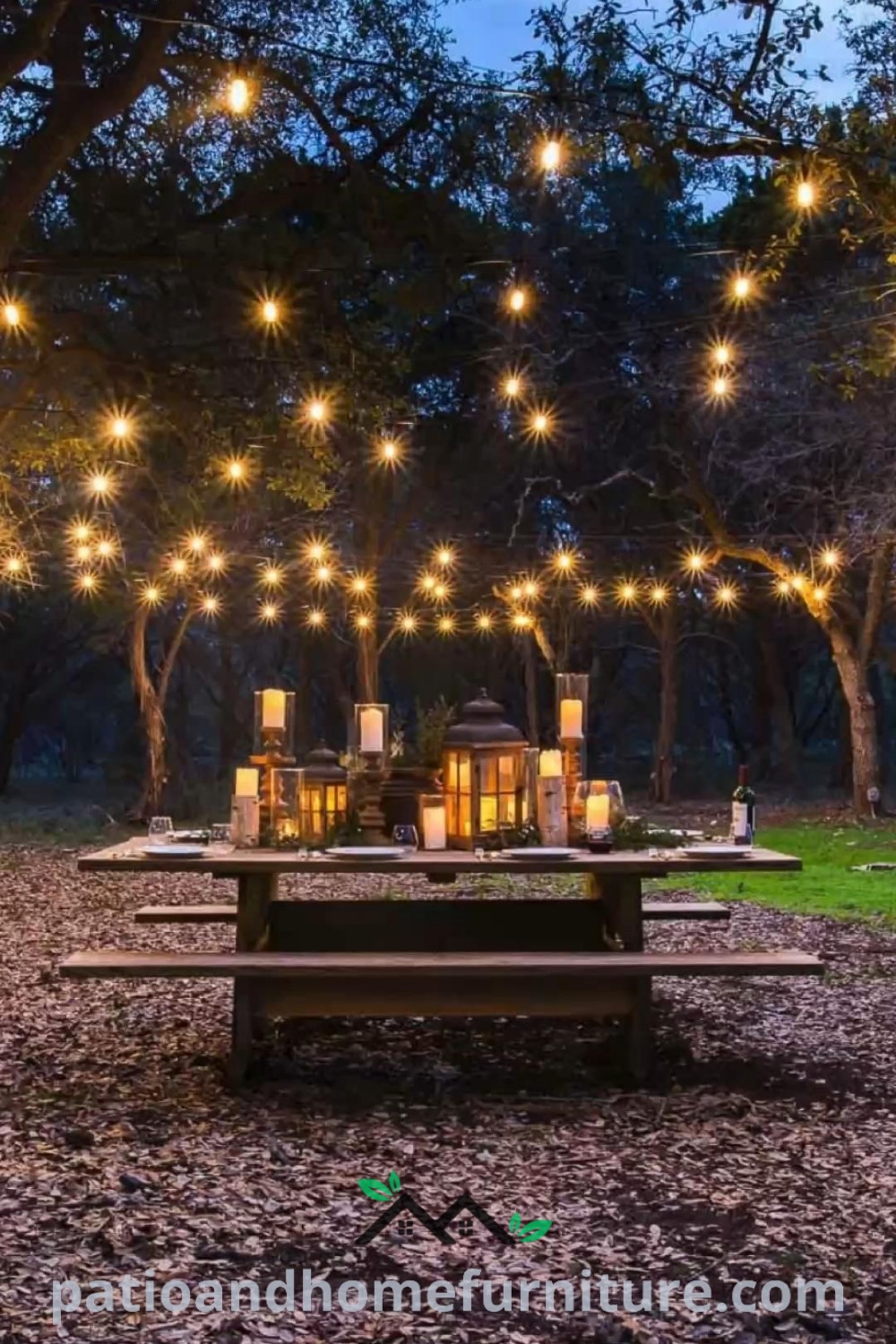 Cozy outdoor wedding setup featuring blue and orange decor with rustic farmhouse tables, woodland garlands, and glowing patio string lights, offering unique cozy ideas for memorable celebrations at wellnesswink.com.