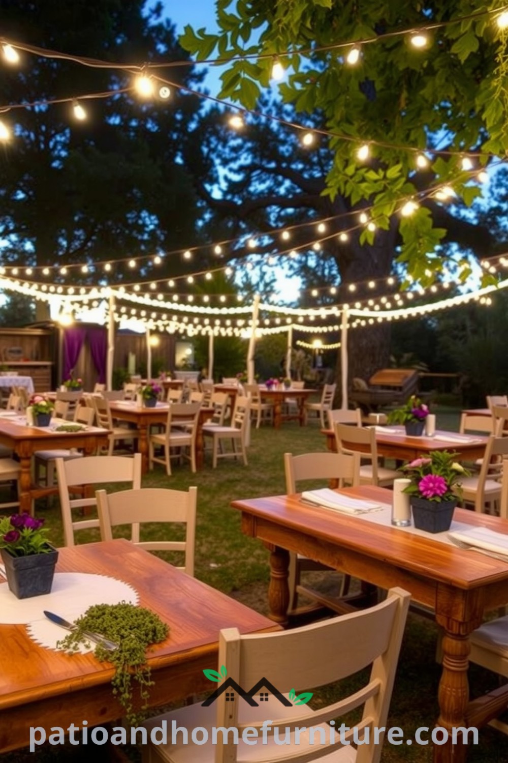 Cozy outdoor dining setup featuring weathered wooden tables, mismatched chairs, and twinkling fairy lights, creating an intimate atmosphere with potted herbs and blooms, perfect for celebrations under the stars, from fireplacesandwoodstoves.com.