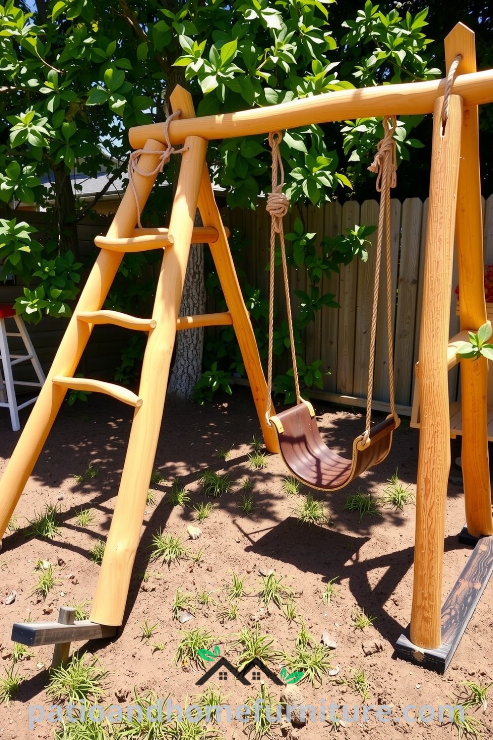 A cozy DIY backyard playground with a wooden climbing frame, swing set, and rustic sandbox, surrounded by greenery, offering inspiring design ideas for outdoor play spaces, found at fireplacesandwoodstoves.com.