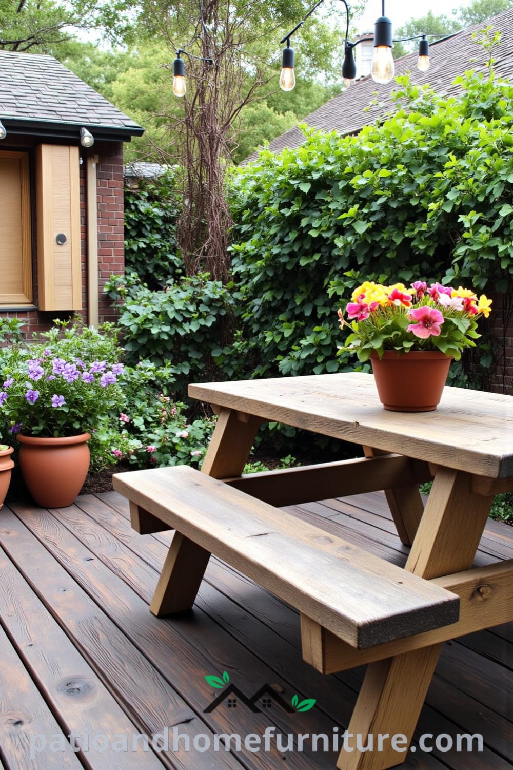 Cozy backyard scene with a weathered wooden deck, vibrant flower garden in terracotta pots, a rustic picnic table under twinkling lights, and the aromatic presence of jasmine, inspiring unique decor ideas for your home, featured on fireplacesandwoodstoves.com.