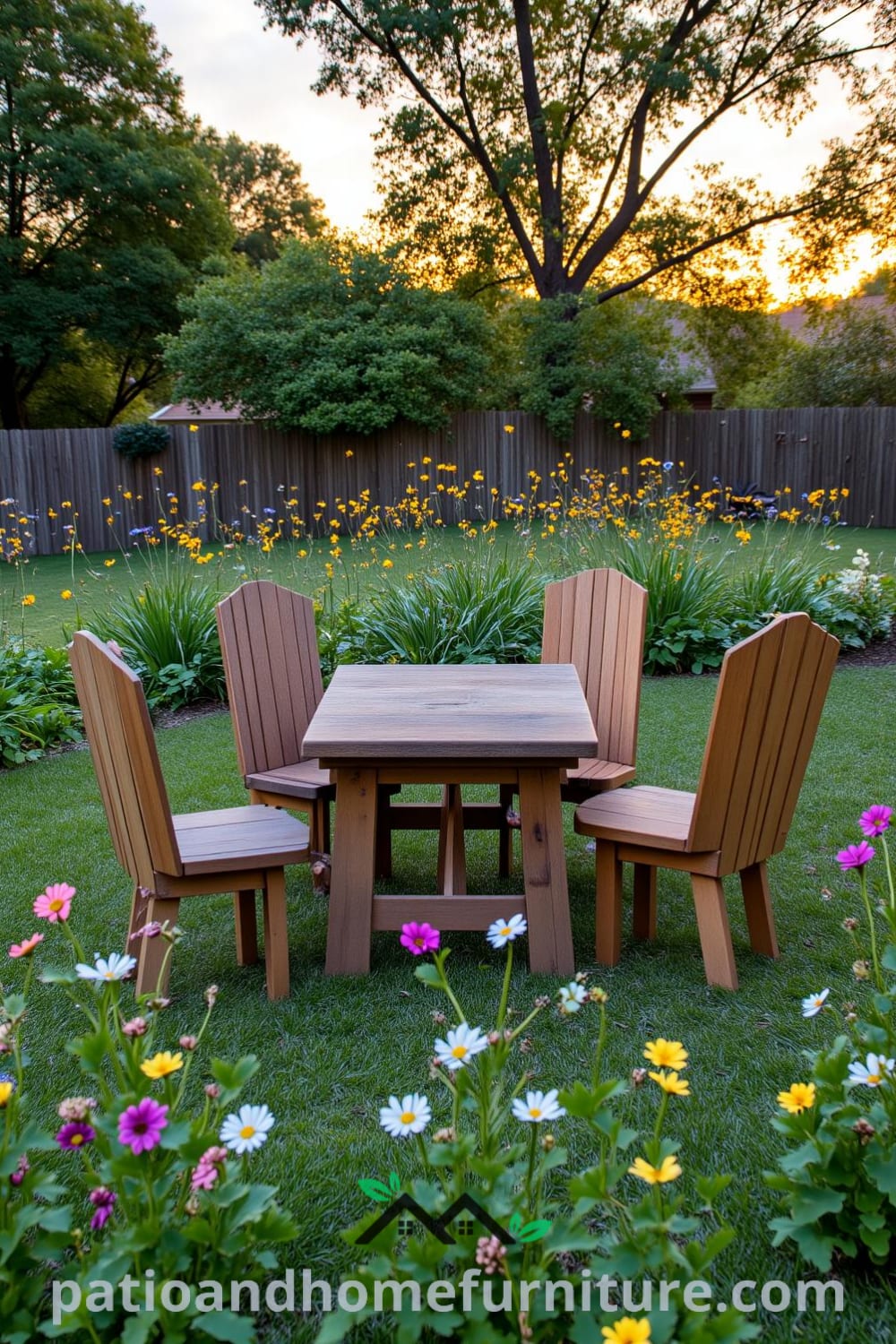 Backyard with mismatched wooden chairs around a picnic table, surrounded by wildflowers and a fire pit, creating a cozy atmosphere ideal for family gatherings and playful evenings, showcasing design ideas for a cozy home at fireplacesandwoodstoves.com.