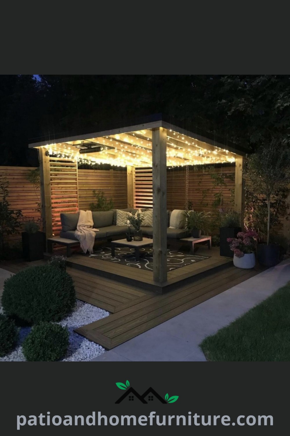 Cozy outdoor living area with a pergola illuminated by string lights, featuring comfortable seating and lush plants, creating an inviting space for gatherings, unique ideas for your home, and design inspirations from wellnesswink.com.