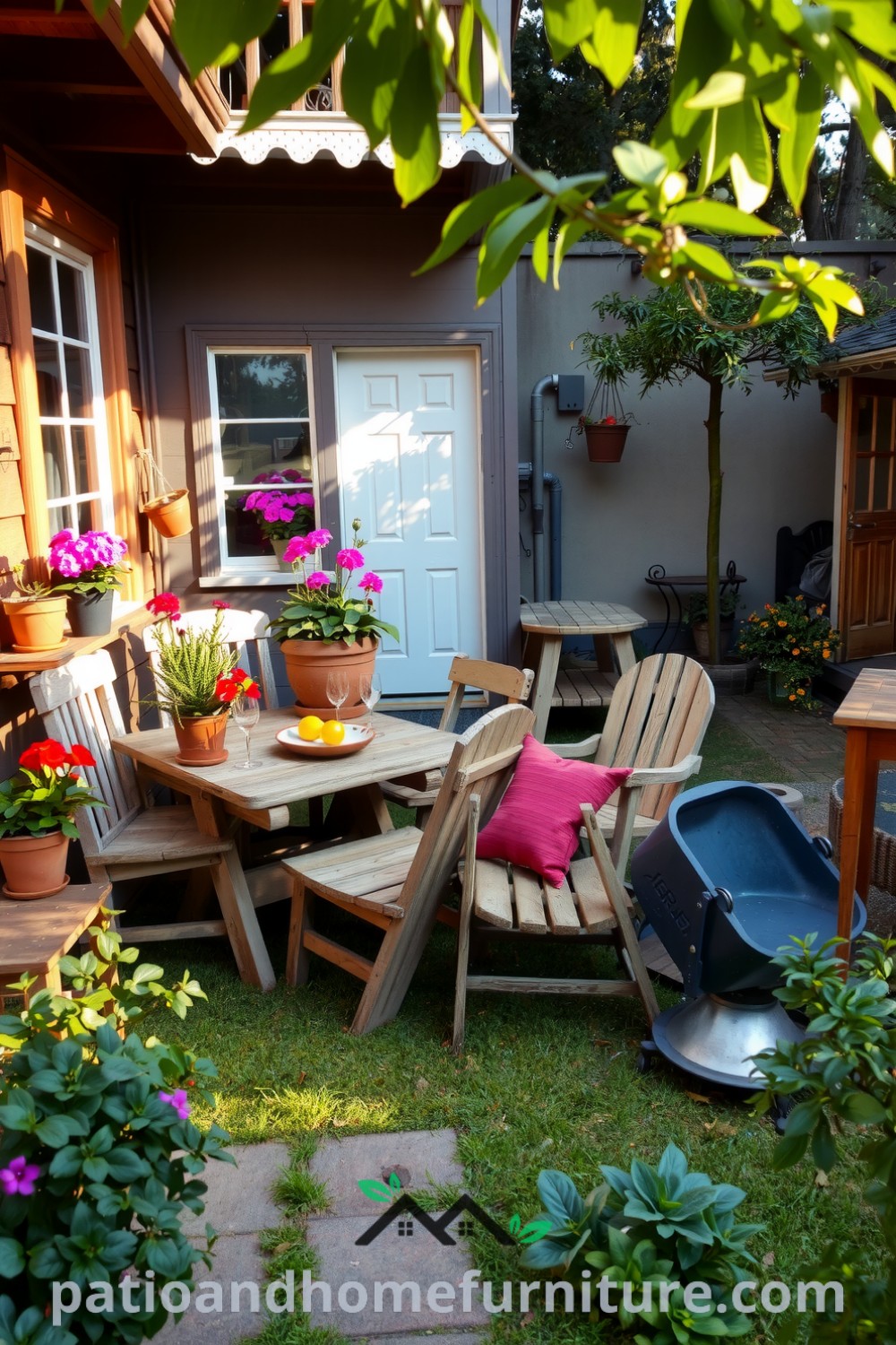 Charming backyard with a rustic wooden deck, vibrant flowers, an inviting picnic table, and an old fire pit surrounded by cozy fairy lights, creating a warm outdoor retreat full of inspiring decor ideas for your home, featured on fireplacesandwoodstoves.com.