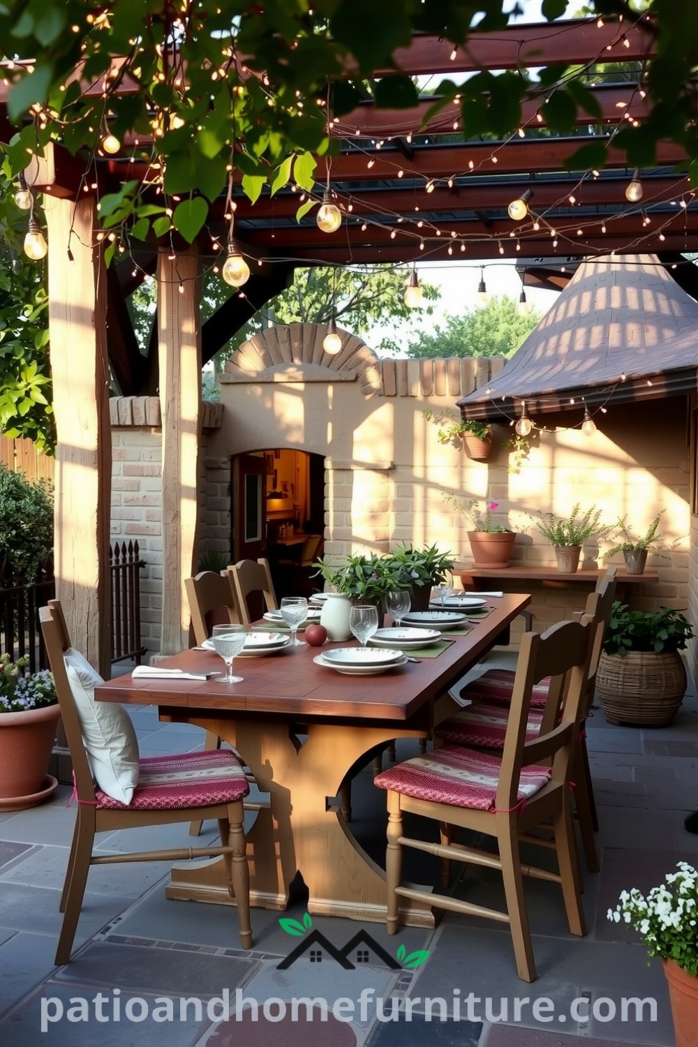 Charming outdoor dining space under a twinkling pergola with a rustic wooden table set with handmade ceramic plates and comfortable chairs, surrounded by fragrant herbs, creating cozy ideas and inspirations for your home at fireplacesandwoodstoves.com.