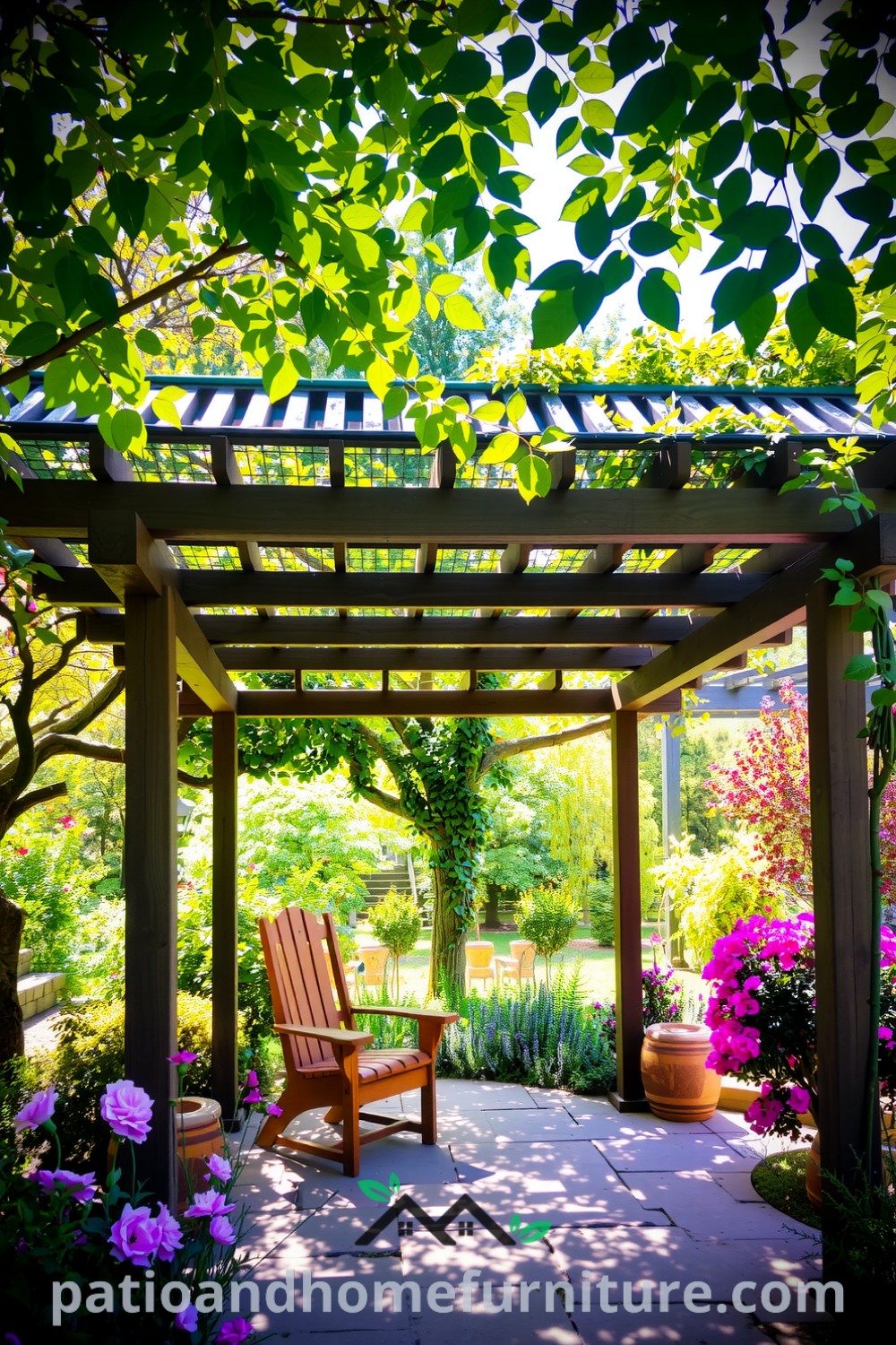 Cozy pergola amid a lush garden with weathered wooden beams and vibrant flowers, offering a serene relaxation spot with rustic chairs; visit fireplacesandwoodstoves.com for unique design ideas and decor inspirations.