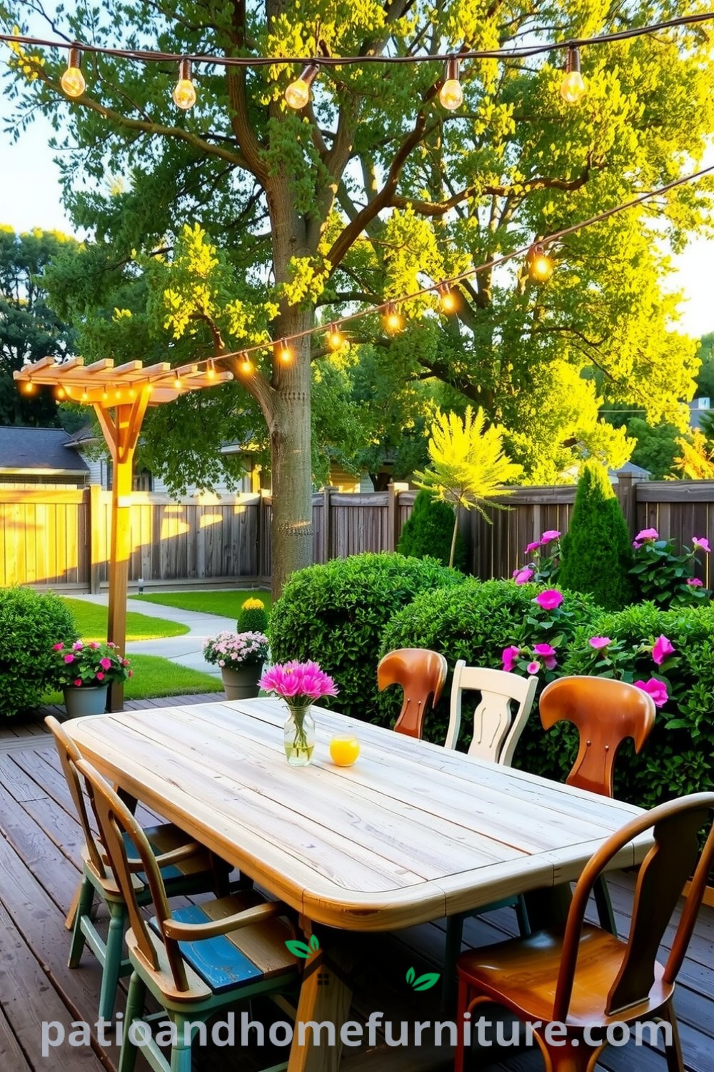 Cozy backyard gathering space with a weathered wooden deck, rustic picnic table with mismatched chairs, lush greenery, and warm string lights, creating an inviting atmosphere perfect for evening conversations, as featured on fireplacesandwoodstoves.com.