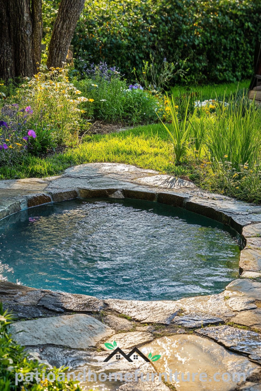 Inviting backyard pool scene with glimmering water, rustic stone tiles, and vibrant grass and wildflowers, creating a cozy oasis perfect for relaxation and leisure, featured on fireplacesandwoodstoves.com.