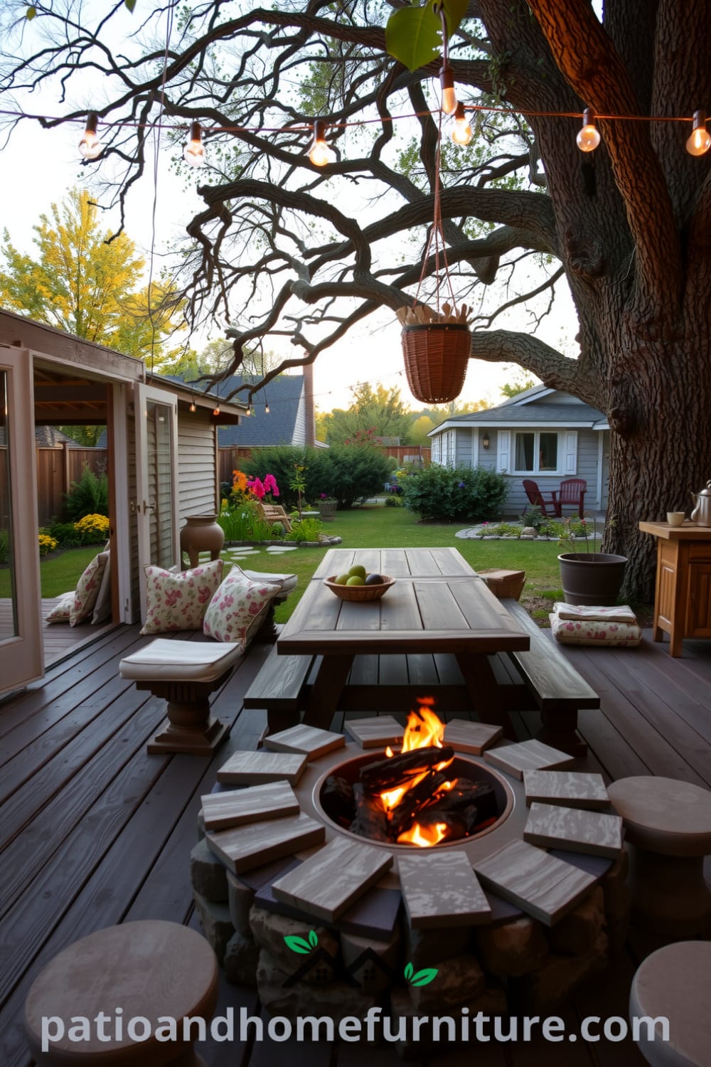 Cozy backyard scene with a wooden deck, vibrant wildflowers, rustic picnic table, twinkling string lights, and a cozy fire pit, offering unique ideas for home decor and warm gatherings, featured on fireplacesandwoodstoves.com.