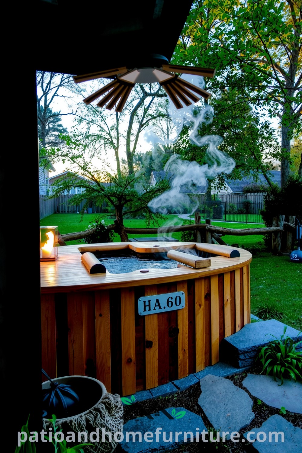 Wooden hot tub surrounded by lush greenery and steam rising, set in a tranquil backyard, creating a beautiful and inviting space for relaxation and outdoor enjoyment. Visit fireplacesandwoodstoves.com for cozy ideas and design inspirations for your home.