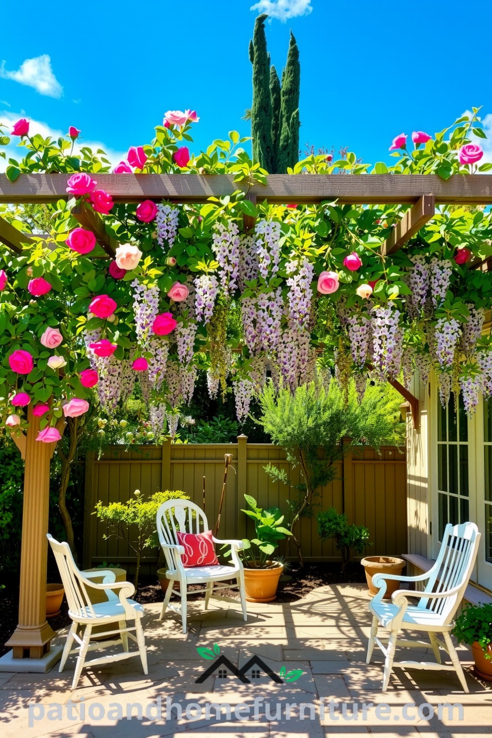 A beautiful backyard floral pergola with weathered wooden beams adorned with climbing roses and wisteria, dappled sunlight illuminating the stone-paved patio with mismatched chairs, creating a cozy retreat perfect for leisurely conversations. Visit fireplacesandwoodstoves.com for more cozy ideas and unique design inspirations.