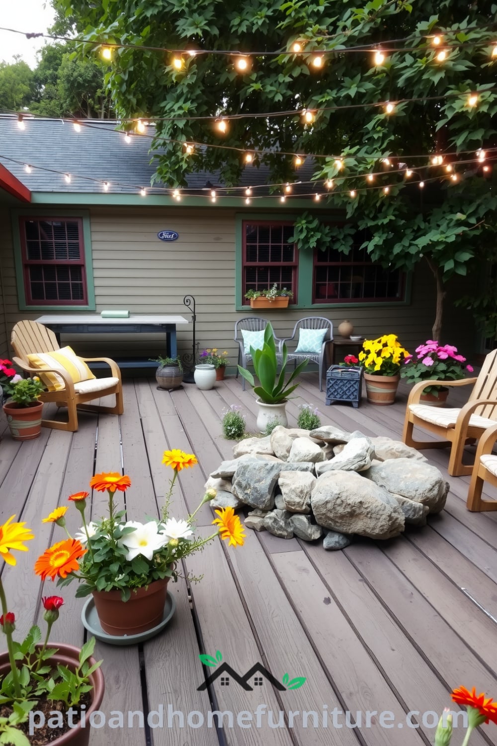 Charming backyard featuring a rustic wooden deck surrounded by colorful wildflowers, a fire pit made of rough stones, and twinkling string lights overhead, creating a cozy atmosphere, perfect for gatherings, inspiring unique design ideas for your home, suitable for fireplacesandwoodstoves.com.