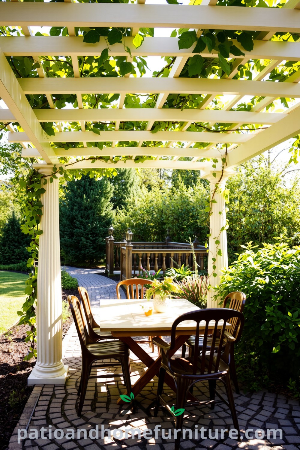 Vinyl pergola in a sunlit garden with climbing vines, rustic wooden table set for outdoor dining, and mismatched chairs, creating a cozy and inviting environment perfect for relaxation and conversation, featuring unique decor inspirations for your home. Visit fireplacesandwoodstoves.com for more cozy ideas.